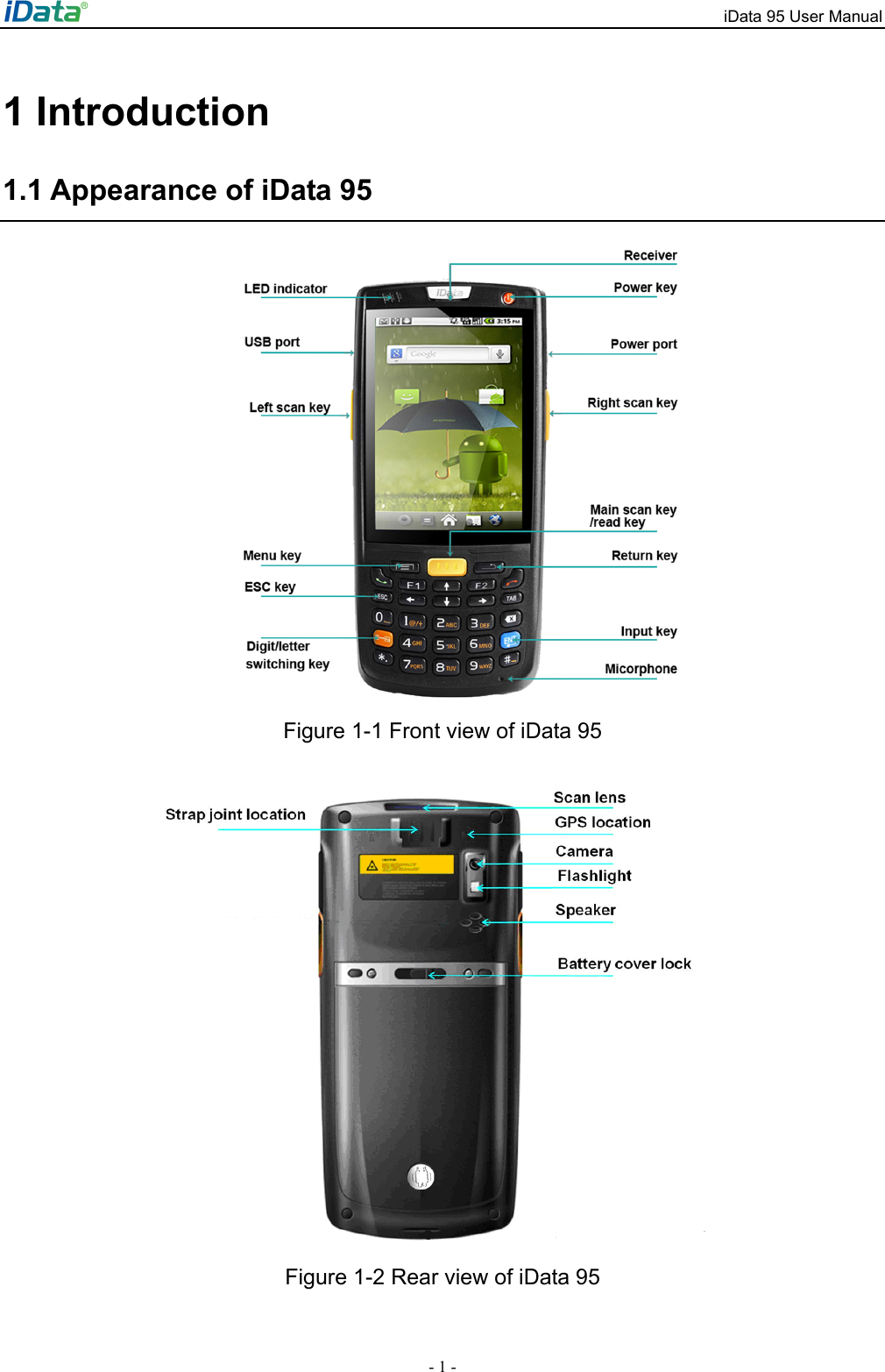 iData 95 User Manual - 1 - 1 Introduction 1.1 Appearance of iData 95      Figure 1-1 Front view of iData 95   Figure 1-2 Rear view of iData 95 