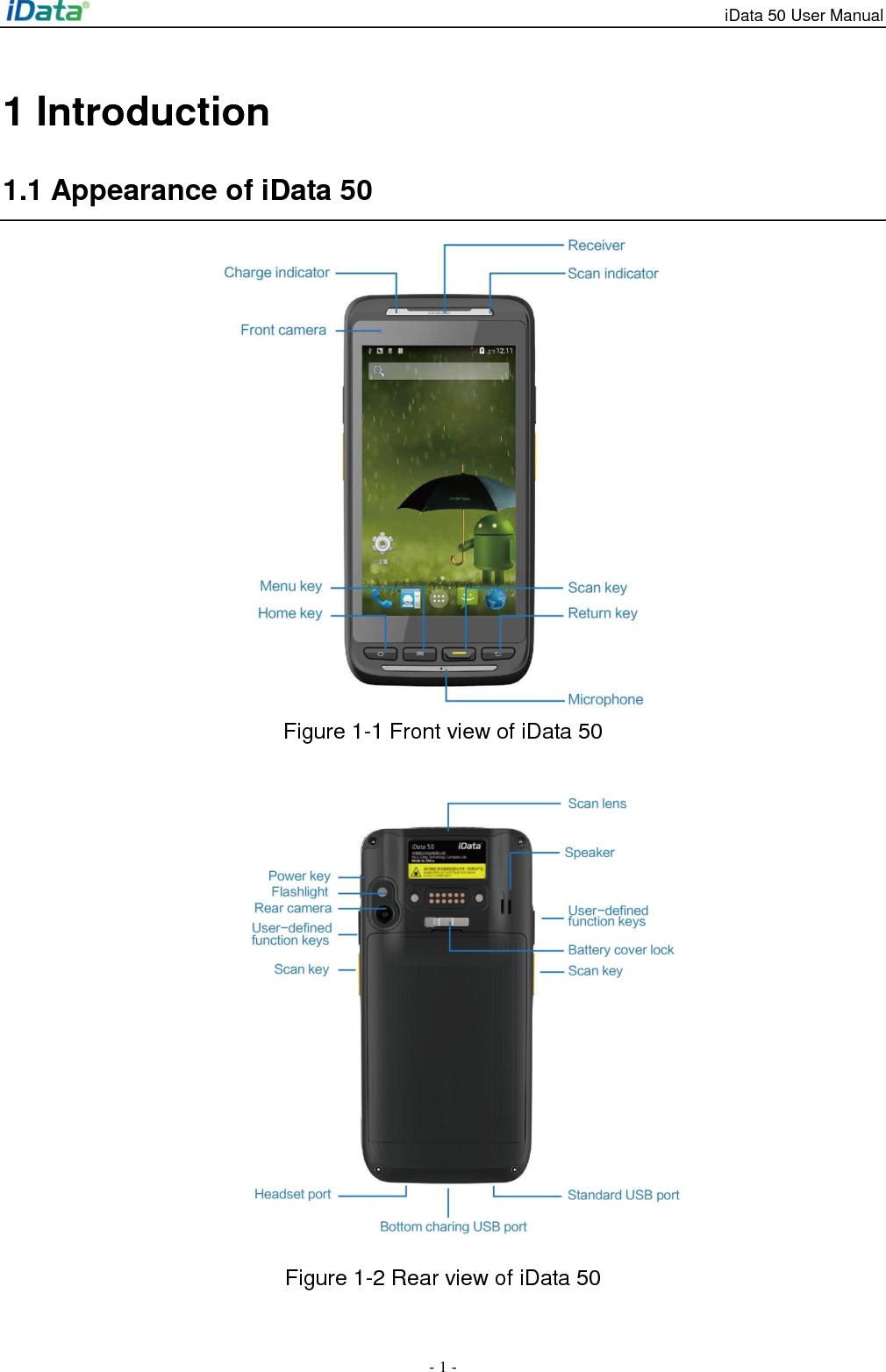 iData 50 User Manual - 1 - 1 Introduction 1.1 Appearance of iData 50  Figure 1-1 Front view of iData 50        Figure 1-2 Rear view of iData 50 