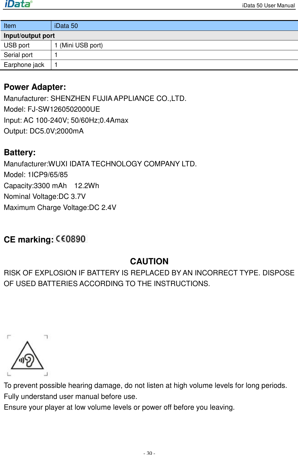 iData 50 User Manual - 30 - Item iData 50 Input/output port USB port 1 (Mini USB port) Serial port 1 Earphone jack 1  Power Adapter: Manufacturer: SHENZHEN FUJIA APPLIANCE CO.,LTD. Model: FJ-SW1260502000UE Input: AC 100-240V; 50/60Hz;0.4Amax Output: DC5.0V;2000mA  Battery: Manufacturer:WUXI IDATA TECHNOLOGY COMPANY LTD. Model: 1ICP9/65/85 Capacity:3300 mAh  12.2Wh Nominal Voltage:DC 3.7V   Maximum Charge Voltage:DC 2.4V   CE marking:   CAUTION RISK OF EXPLOSION IF BATTERY IS REPLACED BY AN INCORRECT TYPE. DISPOSE OF USED BATTERIES ACCORDING TO THE INSTRUCTIONS.      To prevent possible hearing damage, do not listen at high volume levels for long periods. Fully understand user manual before use. Ensure your player at low volume levels or power off before you leaving.   