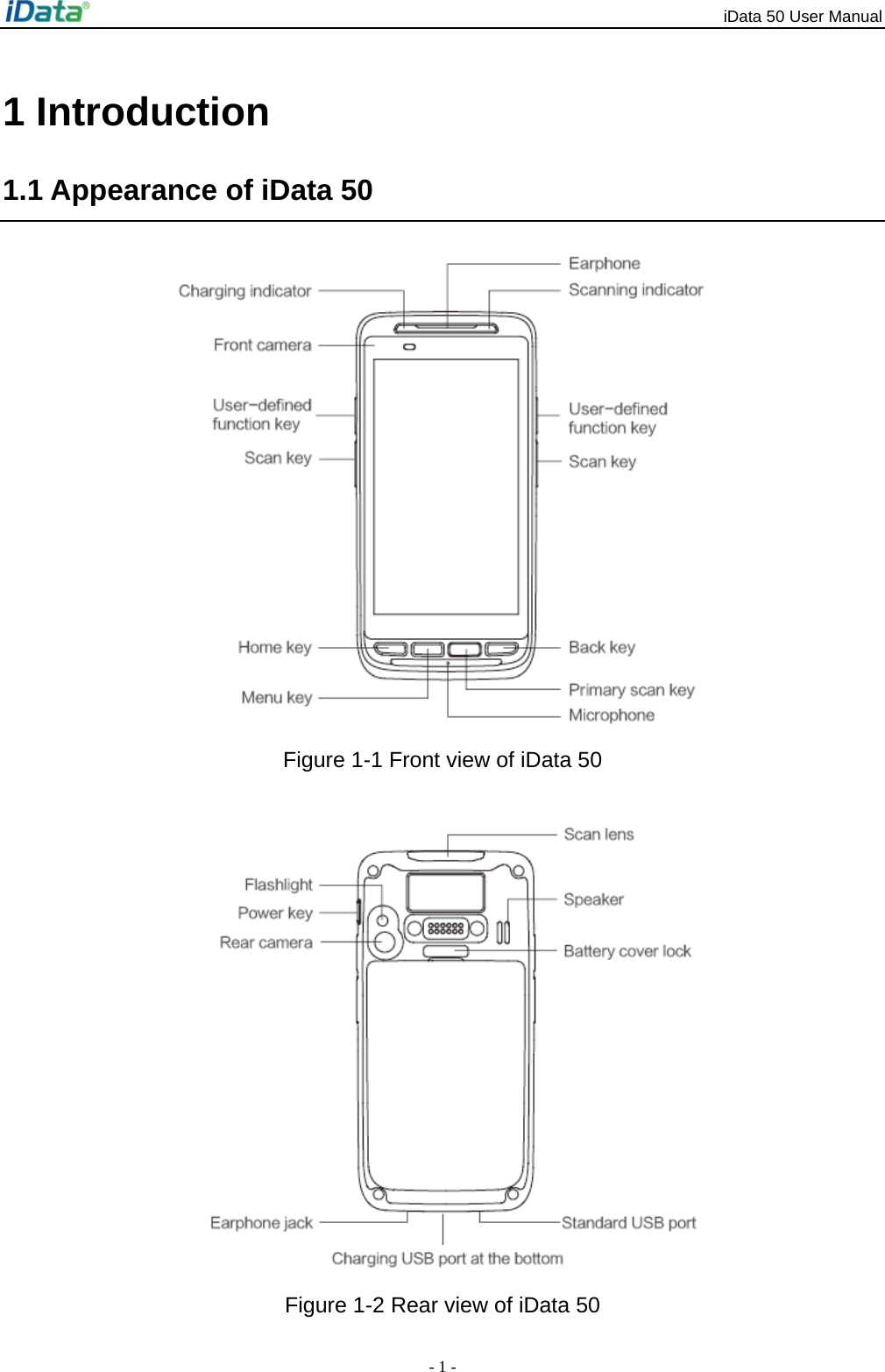 iData 50 User Manual - 1 - 1 Introduction 1.1 Appearance of iData 50  Figure 1-1 Front view of iData 50      Figure 1-2 Rear view of iData 50 