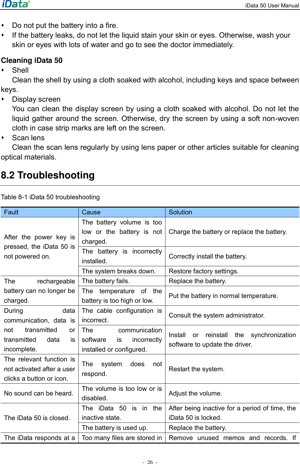 iData 50 User Manual -  26  - ⬧  Do not put the battery into a fire. ⬧  If the battery leaks, do not let the liquid stain your skin or eyes. Otherwise, wash your skin or eyes with lots of water and go to see the doctor immediately. Cleaning iData 50 ⬧  Shell   Clean the shell by using a cloth soaked with alcohol, including keys and space between keys. ⬧  Display screen You can clean the display screen by using a cloth soaked with alcohol. Do not let the liquid gather around the screen. Otherwise, dry the screen by using a soft non-woven cloth in case strip marks are left on the screen. ⬧  Scan lens Clean the scan lens regularly by using lens paper or other articles suitable for cleaning optical materials. 8.2 Troubleshooting Table 8-1 iData 50 troubleshooting   Fault Cause Solution After  the  power  key  is pressed, the iData 50  is not powered on. The  battery  volume  is  too low  or  the  battery  is  not charged.   Charge the battery or replace the battery. The  battery  is  incorrectly installed.   Correctly install the battery.   The system breaks down. Restore factory settings. The  rechargeable battery can no longer be charged. The battery fails. Replace the battery. The  temperature  of  the battery is too high or low. Put the battery in normal temperature. During  data communication,  data  is not  transmitted  or transmitted  data  is incomplete. The  cable  configuration  is incorrect. Consult the system administrator. The  communication software  is  incorrectly installed or configured. Install  or  reinstall  the  synchronization software to update the driver. The  relevant  function  is not activated after a user clicks a button or icon. The  system  does  not respond. Restart the system. No sound can be heard. The volume is too low or is disabled. Adjust the volume. The iData 50 is closed. The  iData  50  is  in  the inactive state. After being inactive for a period of time, the iData 50 is locked. The battery is used up. Replace the battery. The iData responds at a Too many files are stored in Remove  unused  memos  and  records.  If 
