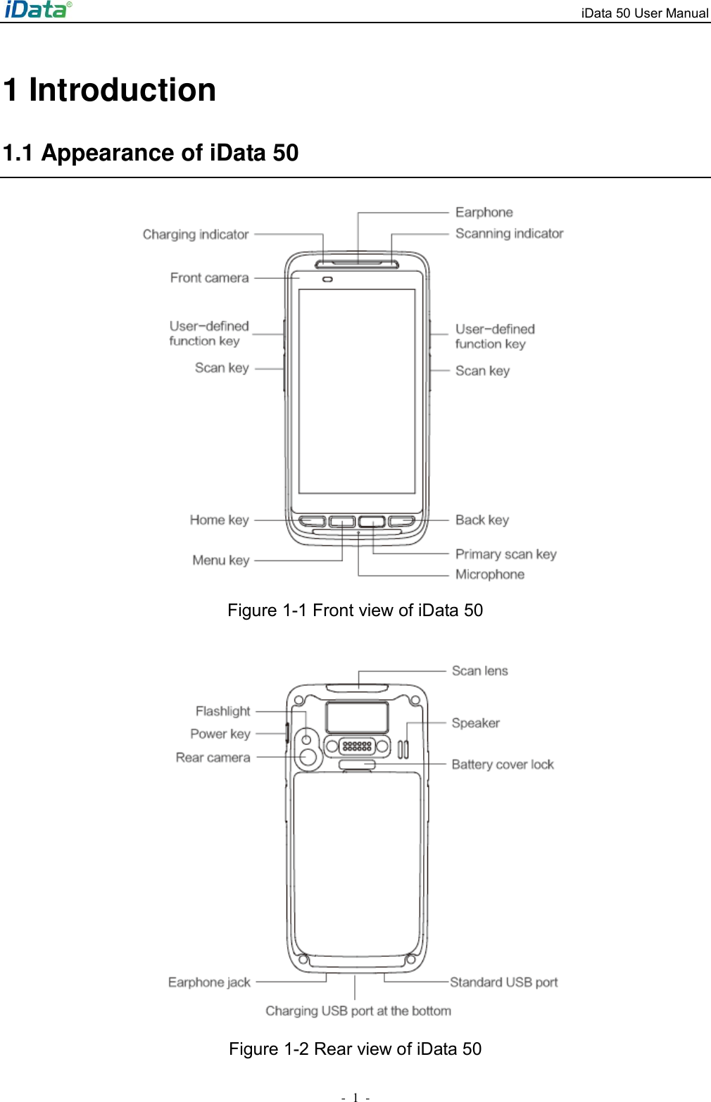 iData 50 User Manual -  1  - 1 Introduction 1.1 Appearance of iData 50  Figure 1-1 Front view of iData 50      Figure 1-2 Rear view of iData 50 