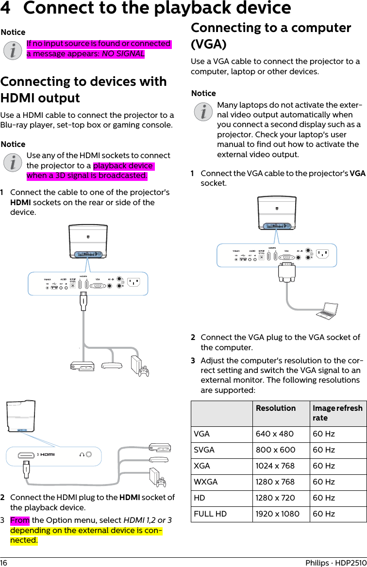 16 Philips · HDP25104 Connect to the playback deviceIf no input source is found or connected a message appears: NO SIGNALConnecting to devices with HDMI outputUse a HDMI cable to connect the projector to a Blu-ray player, set-top box or gaming console.Use any of the HDMI sockets to connect the projector to a playback device when a 3D signal is broadcasted.1Connect the cable to one of the projector&apos;s HDMI sockets on the rear or side of the device. 2Connect the HDMI plug to the HDMI socket of the playback device.3 From the Option menu, select HDMI 1,2 or 3 depending on the external device is con-nected.Connecting to a computer (VGA)Use a VGA cable to connect the projector to a computer, laptop or other devices.Many laptops do not activate the exter-nal video output automatically when you connect a second display such as a projector. Check your laptop&apos;s user manual to find out how to activate the external video output.1Connect the VGA cable to the projector&apos;s VGA socket.2Connect the VGA plug to the VGA socket of the computer.3Adjust the computer&apos;s resolution to the cor-rect setting and switch the VGA signal to an external monitor. The following resolutions are supported:Resolution Image refresh rateVGA 640 x 480 60 HzSVGA 800 x 600 60 HzXGA 1024 x 768 60 HzWXGA 1280 x 768 60 HzHD 1280 x 720 60 HzFULL HD 1920 x 1080 60 HzNoticeNoticeNotice