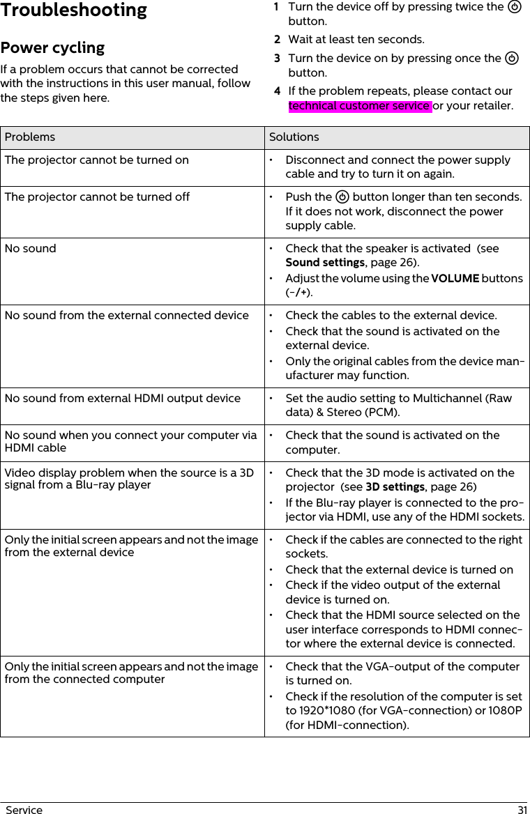   Service  31TroubleshootingPower cyclingIf a problem occurs that cannot be corrected with the instructions in this user manual, follow the steps given here.1Turn the device off by pressing twice the B button.2Wait at least ten seconds.3Turn the device on by pressing once the B button.4If the problem repeats, please contact our technical customer service or your retailer. Problems SolutionsThe projector cannot be turned on • Disconnect and connect the power supply cable and try to turn it on again.The projector cannot be turned off • Push the B button longer than ten seconds. If it does not work, disconnect the power supply cable.No sound • Check that the speaker is activated  (see Sound settings, page 26).• Adjust the volume using the VOLUME buttons (-/+).No sound from the external connected device • Check the cables to the external device.• Check that the sound is activated on the external device.• Only the original cables from the device man-ufacturer may function.No sound from external HDMI output device • Set the audio setting to Multichannel (Raw data) &amp; Stereo (PCM).No sound when you connect your computer via HDMI cable• Check that the sound is activated on the computer.Video display problem when the source is a 3D signal from a Blu-ray player• Check that the 3D mode is activated on the projector  (see 3D settings, page 26) • If the Blu-ray player is connected to the pro-jector via HDMI, use any of the HDMI sockets.Only the initial screen appears and not the image from the external device• Check if the cables are connected to the right sockets.• Check that the external device is turned on• Check if the video output of the external device is turned on.• Check that the HDMI source selected on the user interface corresponds to HDMI connec-tor where the external device is connected.Only the initial screen appears and not the image from the connected computer• Check that the VGA-output of the computer is turned on.• Check if the resolution of the computer is set to 1920*1080 (for VGA-connection) or 1080P (for HDMI-connection).