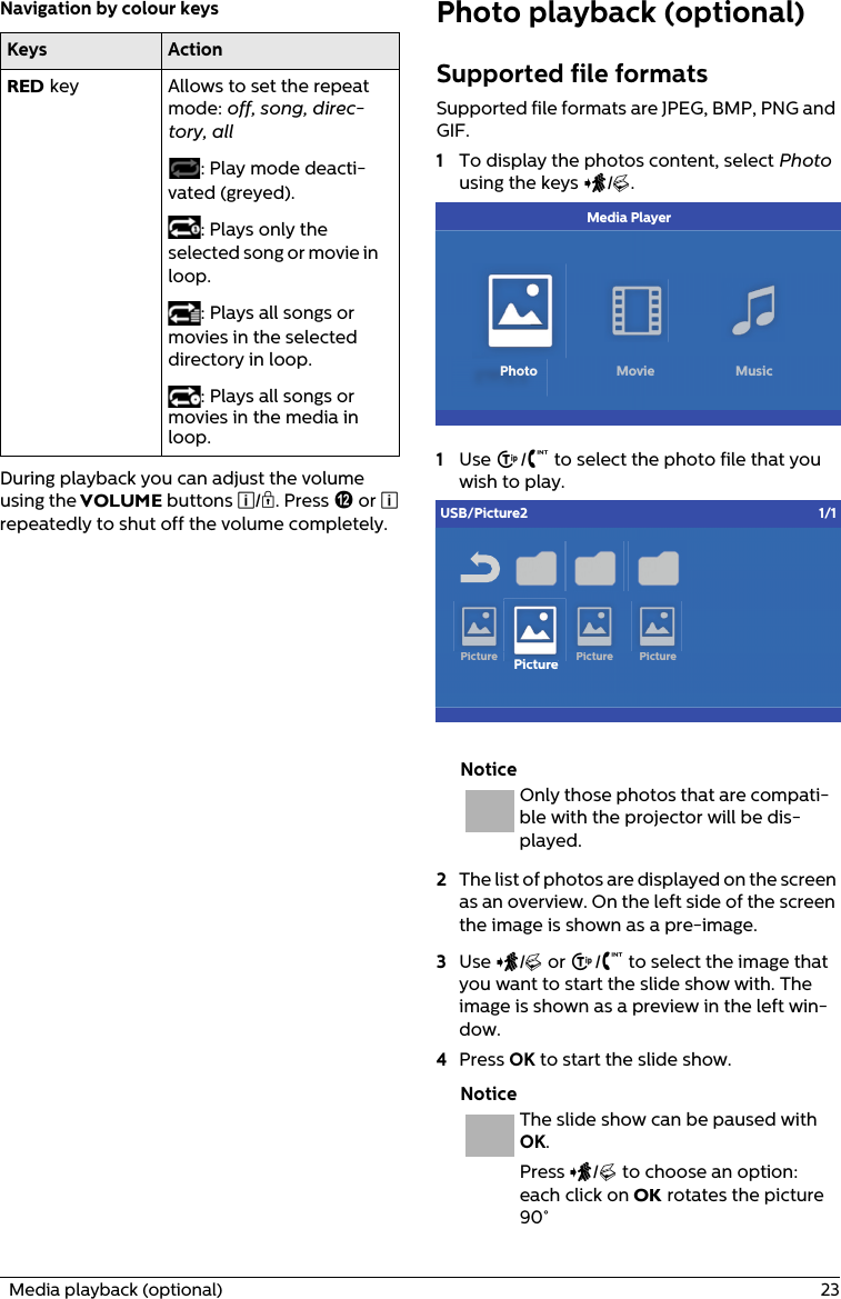   Media playback (optional)  23Navigation by colour keysKeys ActionRED key  Allows to set the repeat mode: off, song, direc-tory, all : Play mode deacti-vated (greyed).: Plays only the selected song or movie in loop.: Plays all songs or movies in the selected directory in loop.: Plays all songs or movies in the media in loop.During playback you can adjust the volume using the VOLUME buttons î/ï. Press ÷ or î repeatedly to shut off the volume completely.Photo playback (optional)Supported file formatsSupported file formats are JPEG, BMP, PNG and GIF.1To display the photos content, select Photo using the keys À/Á.            Media PlayerPhoto Movie Music1Use ¡/¢ to select the photo file that you wish to play.PictureUSB/Picture2 1/1Picture PicturePicturePi tOnly those photos that are compati-ble with the projector will be dis-played.2The list of photos are displayed on the screen as an overview. On the left side of the screen the image is shown as a pre-image.3Use À/Á or ¡/¢ to select the image that you want to start the slide show with. The image is shown as a preview in the left win-dow.4Press OK to start the slide show.The slide show can be paused with OK. Press À/Á to choose an option: each click on OK rotates the picture 90°NoticeNotice