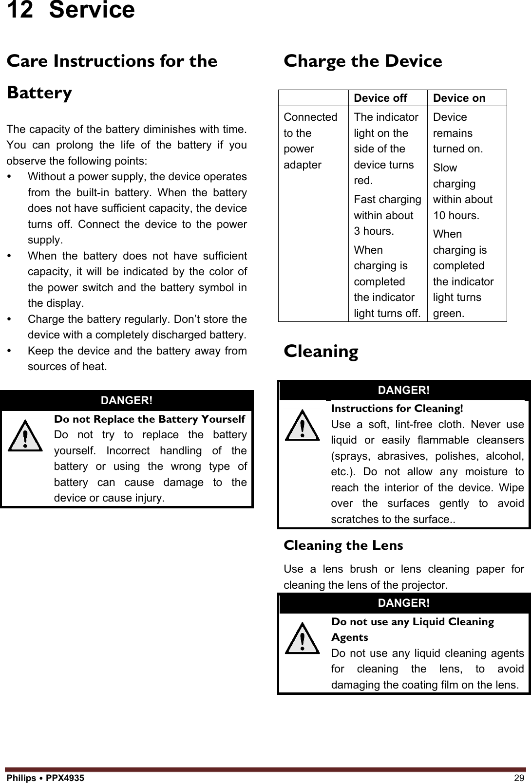 Philips  PPX4935  29 12 Service Care Instructions for the Battery The capacity of the battery diminishes with time. You can prolong the life of the battery if you observe the following points:   Without a power supply, the device operates from the built-in battery. When the battery does not have sufficient capacity, the device turns off. Connect the device to the power supply.   When the battery does not have sufficient capacity, it will be indicated by the color of the power switch and the battery symbol in the display.   Charge the battery regularly. Don’t store the device with a completely discharged battery.   Keep the device and the battery away from sources of heat. DANGER! Do not Replace the Battery Yourself Do not try to replace the battery yourself. Incorrect handling of the battery or using the wrong type of battery can cause damage to the device or cause injury. Charge the Device Device off Device on Connected to the power adapter The indicator light on the side of the device turns red. Fast charging within about 3 hours. When charging is completed the indicator light turns off. Device remains turned on. Slow charging within about 10 hours. When charging is completed the indicator light turns green. Cleaning DANGER! Instructions for Cleaning! Use a soft, lint-free cloth. Never use liquid or easily flammable cleansers (sprays, abrasives, polishes, alcohol, etc.). Do not allow any moisture to reach the interior of the device. Wipe over the surfaces gently to avoid scratches to the surface..   Cleaning the Lens Use a lens brush or lens cleaning paper for cleaning the lens of the projector. DANGER! Do not use any Liquid Cleaning Agents Do not use any liquid cleaning agents for cleaning the lens, to avoid damaging the coating film on the lens. 