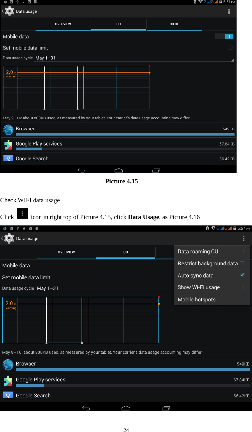      24                                   Picture 4.15  Check WIFI data usage Click    icon in right top of Picture 4.15, click Data Usage, as Picture 4.16  