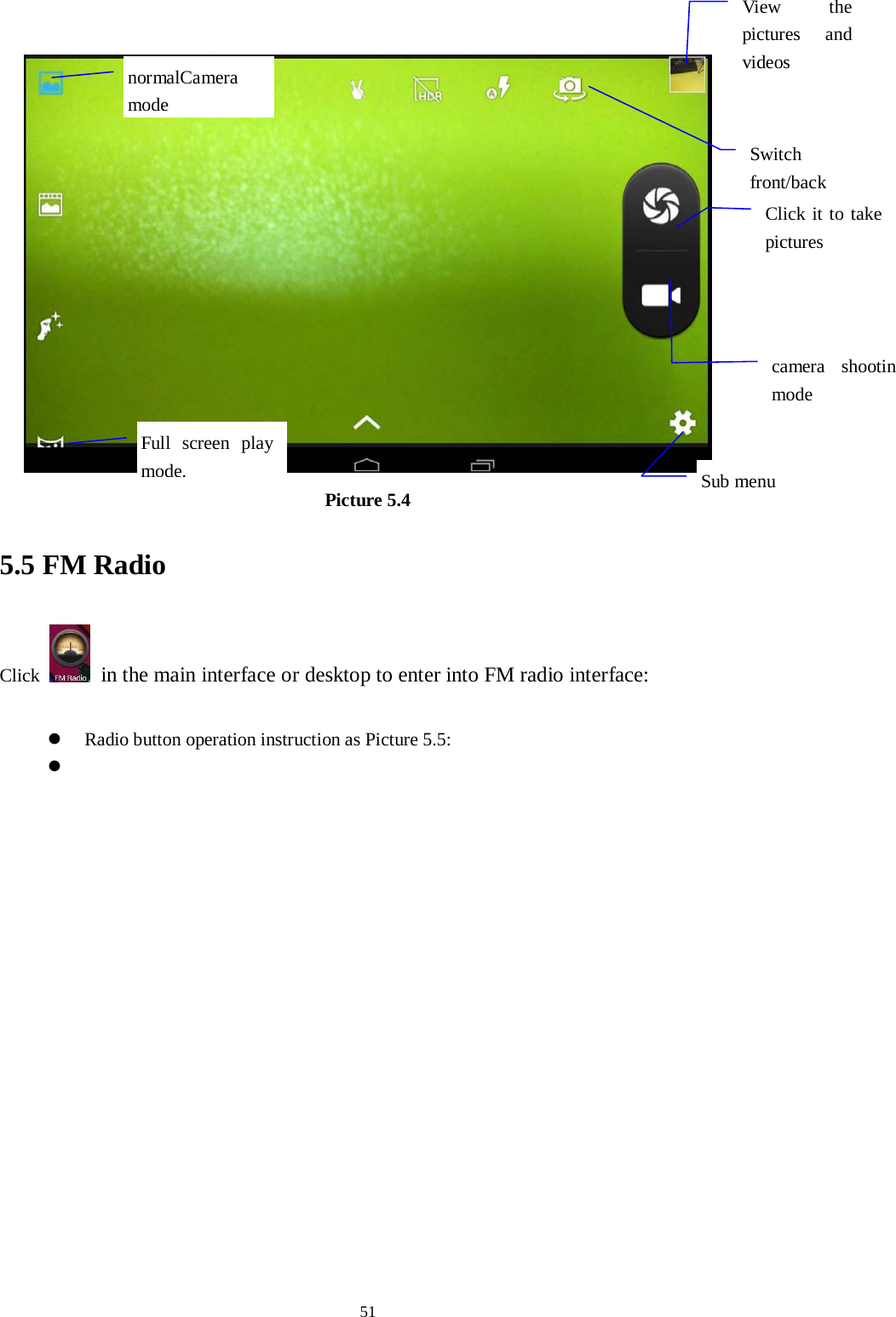      51  Picture 5.4 5.5 FM Radio Click   in the main interface or desktop to enter into FM radio interface:   Radio button operation instruction as Picture 5.5:   View  the pictures and videos  Switch front/back   Click it to take pictures    Full screen play mode.  camera shootin  mode  Sub menu  normalCamera mode  