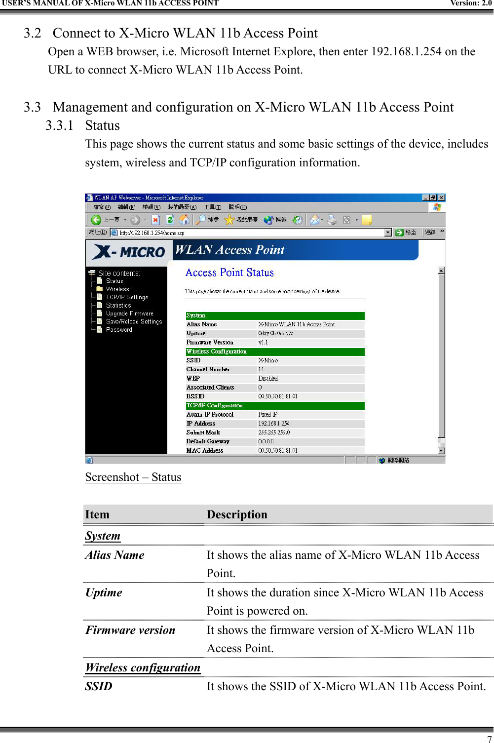   USER’S MANUAL OF X-Micro WLAN 11b ACCESS POINT  Version: 2.0 3.2  Connect to X-Micro WLAN 11b Access Point Open a WEB browser, i.e. Microsoft Internet Explore, then enter 192.168.1.254 on the URL to connect X-Micro WLAN 11b Access Point.  3.3  Management and configuration on X-Micro WLAN 11b Access Point 3.3.1 Status This page shows the current status and some basic settings of the device, includes system, wireless and TCP/IP configuration information.   Screenshot – Status  Item  Description   System  Alias Name It shows the alias name of X-Micro WLAN 11b Access Point. Uptime It shows the duration since X-Micro WLAN 11b Access Point is powered on.   Firmware version It shows the firmware version of X-Micro WLAN 11b Access Point. Wireless configuration  SSID It shows the SSID of X-Micro WLAN 11b Access Point.    7 