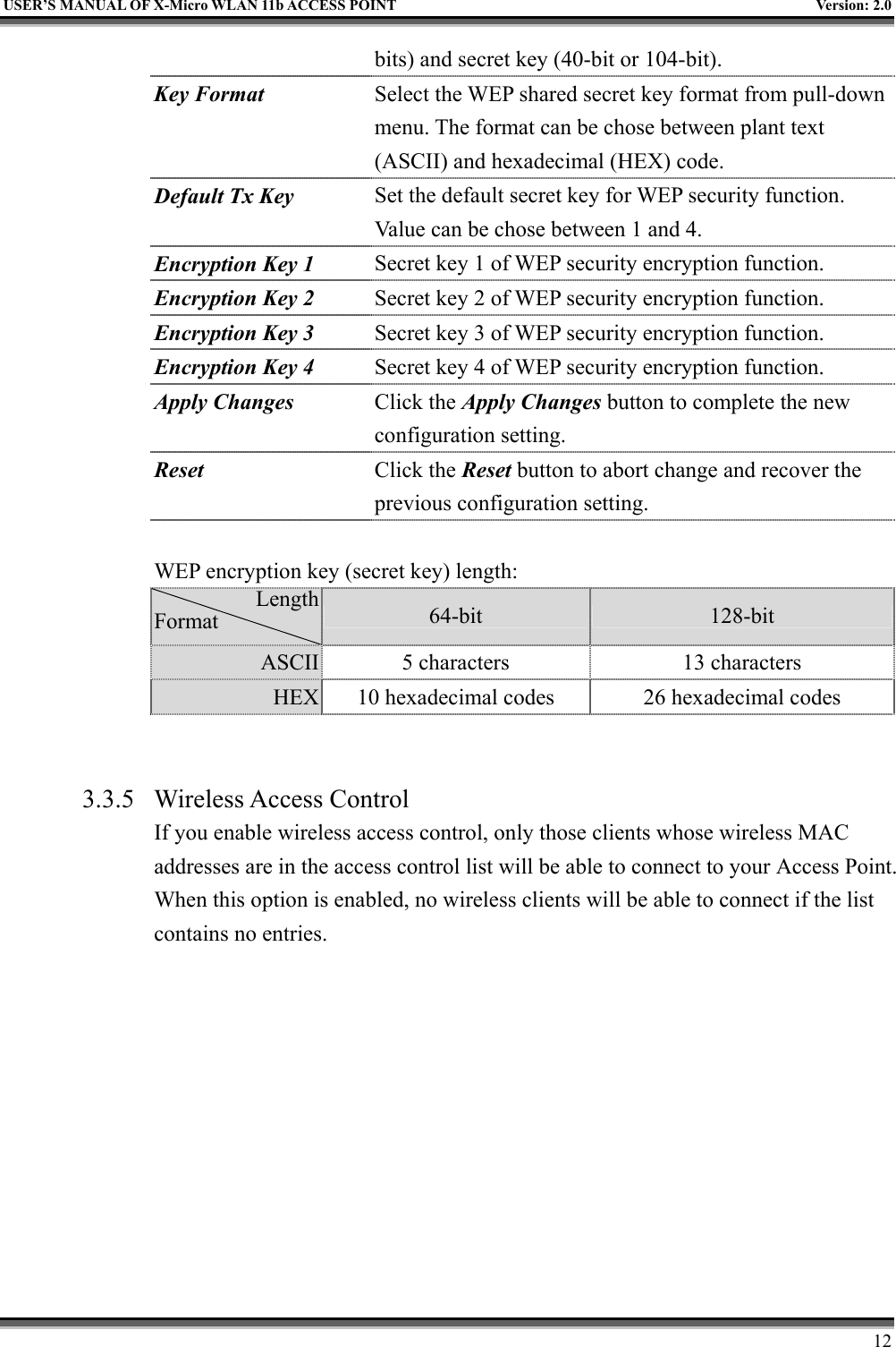   USER’S MANUAL OF X-Micro WLAN 11b ACCESS POINT  Version: 2.0 bits) and secret key (40-bit or 104-bit). Key Format Select the WEP shared secret key format from pull-down menu. The format can be chose between plant text (ASCII) and hexadecimal (HEX) code. Default Tx Key Set the default secret key for WEP security function. Value can be chose between 1 and 4. Encryption Key 1 Secret key 1 of WEP security encryption function. Encryption Key 2  Secret key 2 of WEP security encryption function. Encryption Key 3  Secret key 3 of WEP security encryption function. Encryption Key 4  Secret key 4 of WEP security encryption function. Apply Changes Click the Apply Changes button to complete the new configuration setting. Reset  Click the Reset button to abort change and recover the previous configuration setting.  WEP encryption key (secret key) length: Length Format  64-bit  128-bit ASCII  5 characters  13 characters HEX  10 hexadecimal codes  26 hexadecimal codes   3.3.5 Wireless Access Control If you enable wireless access control, only those clients whose wireless MAC addresses are in the access control list will be able to connect to your Access Point. When this option is enabled, no wireless clients will be able to connect if the list contains no entries.     12 