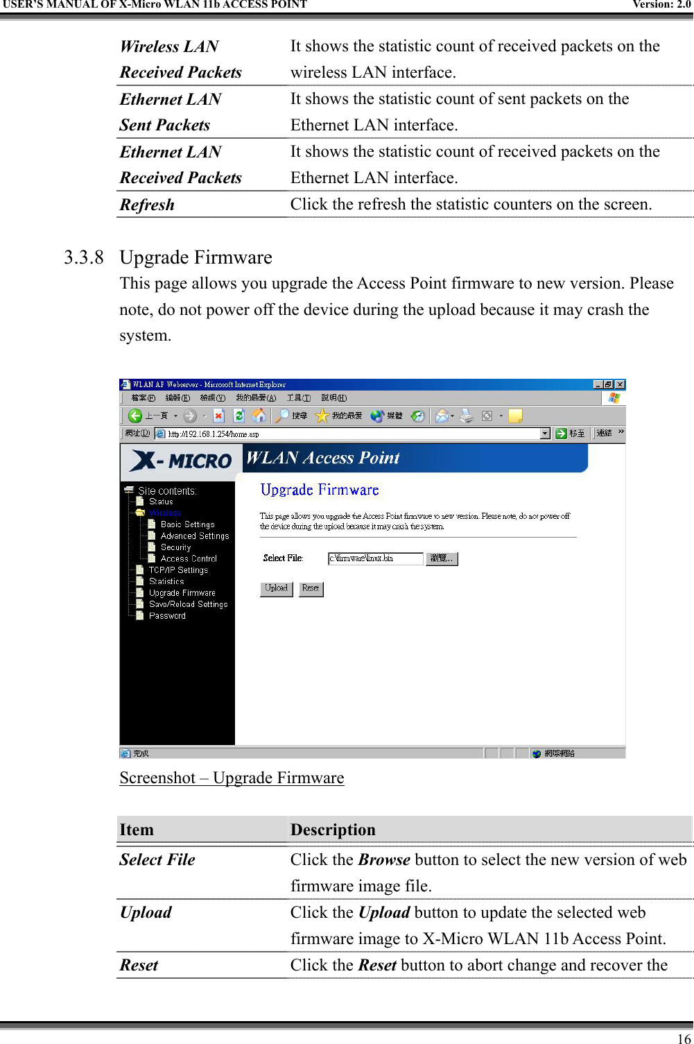   USER’S MANUAL OF X-Micro WLAN 11b ACCESS POINT  Version: 2.0 Wireless LAN Received Packets It shows the statistic count of received packets on the wireless LAN interface. Ethernet LAN Sent Packets It shows the statistic count of sent packets on the Ethernet LAN interface. Ethernet LAN Received Packets It shows the statistic count of received packets on the Ethernet LAN interface. Refresh Click the refresh the statistic counters on the screen.  3.3.8 Upgrade Firmware This page allows you upgrade the Access Point firmware to new version. Please note, do not power off the device during the upload because it may crash the system.   Screenshot – Upgrade Firmware  Item  Description   Select File Click the Browse button to select the new version of web firmware image file. Upload Click the Upload button to update the selected web firmware image to X-Micro WLAN 11b Access Point. Reset  Click the Reset button to abort change and recover the     16 