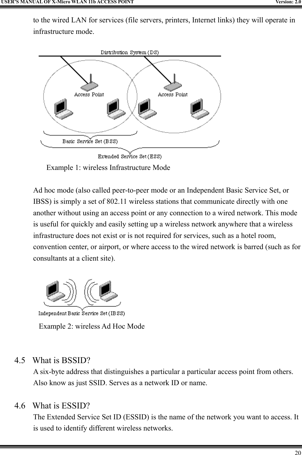   USER’S MANUAL OF X-Micro WLAN 11b ACCESS POINT  Version: 2.0 to the wired LAN for services (file servers, printers, Internet links) they will operate in infrastructure mode.     Example 1: wireless Infrastructure Mode  Ad hoc mode (also called peer-to-peer mode or an Independent Basic Service Set, or IBSS) is simply a set of 802.11 wireless stations that communicate directly with one another without using an access point or any connection to a wired network. This mode is useful for quickly and easily setting up a wireless network anywhere that a wireless infrastructure does not exist or is not required for services, such as a hotel room, convention center, or airport, or where access to the wired network is barred (such as for consultants at a client site).     Example 2: wireless Ad Hoc Mode   4.5  What is BSSID?   A six-byte address that distinguishes a particular a particular access point from others. Also know as just SSID. Serves as a network ID or name.    4.6  What is ESSID?   The Extended Service Set ID (ESSID) is the name of the network you want to access. It is used to identify different wireless networks.       20 