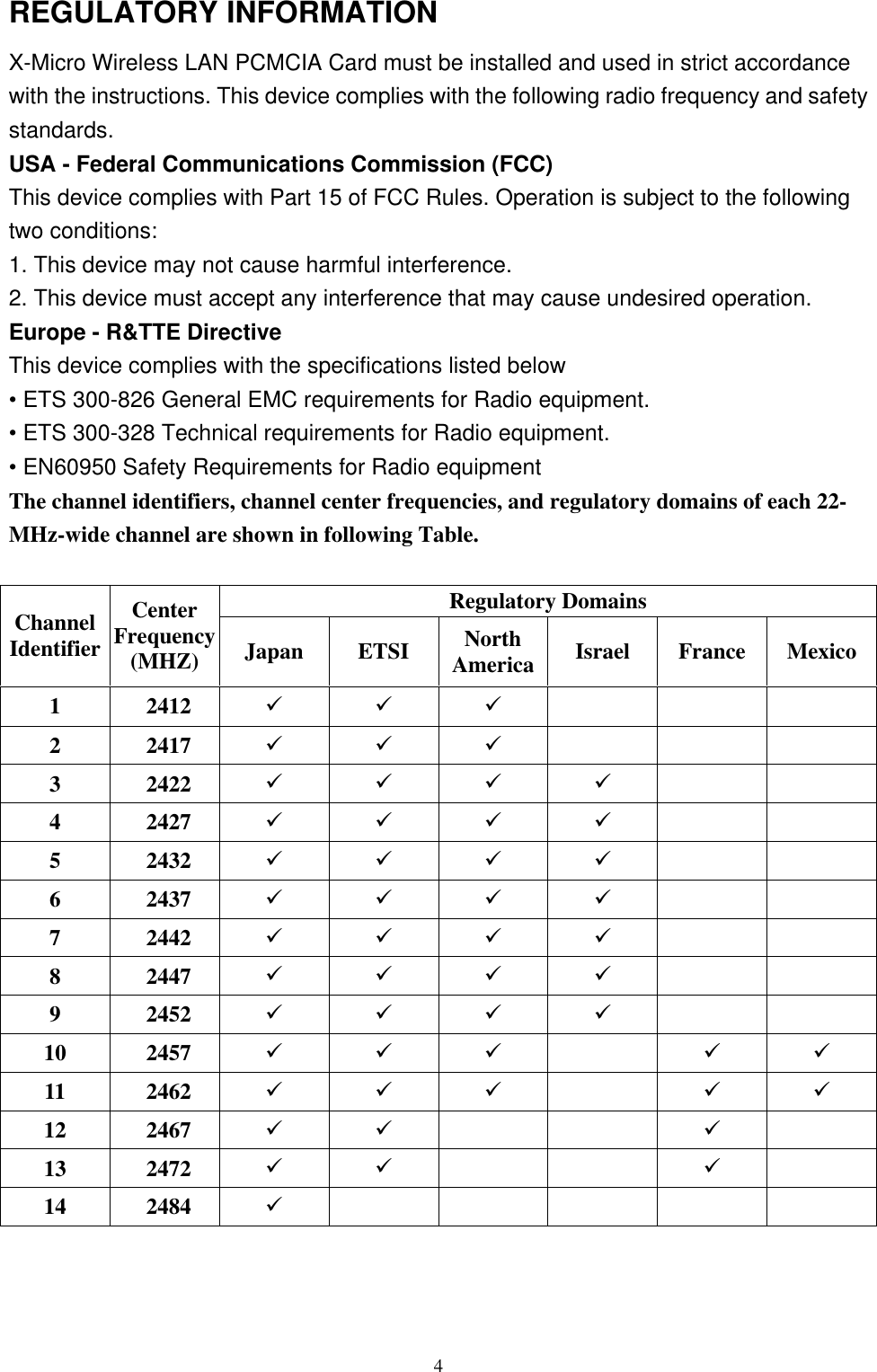 4REGULATORY INFORMATIONX-Micro Wireless LAN PCMCIA Card must be installed and used in strict accordancewith the instructions. This device complies with the following radio frequency and safetystandards.USA - Federal Communications Commission (FCC)This device complies with Part 15 of FCC Rules. Operation is subject to the followingtwo conditions:1. This device may not cause harmful interference.2. This device must accept any interference that may cause undesired operation.Europe - R&amp;TTE DirectiveThis device complies with the specifications listed below• ETS 300-826 General EMC requirements for Radio equipment.• ETS 300-328 Technical requirements for Radio equipment.• EN60950 Safety Requirements for Radio equipmentThe channel identifiers, channel center frequencies, and regulatory domains of each 22-MHz-wide channel are shown in following Table.Regulatory DomainsChannelIdentifierCenterFrequency(MHZ) Japan ETSI NorthAmerica Israel France Mexico1 2412 ü ü ü2 2417 ü ü ü3 2422 ü ü ü ü4 2427 ü ü ü ü5 2432 ü ü ü ü6 2437 ü ü ü ü7 2442 ü ü ü ü8 2447 ü ü ü ü9 2452 ü ü ü ü10 2457 ü ü ü ü ü11 2462 ü ü ü ü ü12 2467 ü ü ü13 2472 ü ü ü14 2484 ü