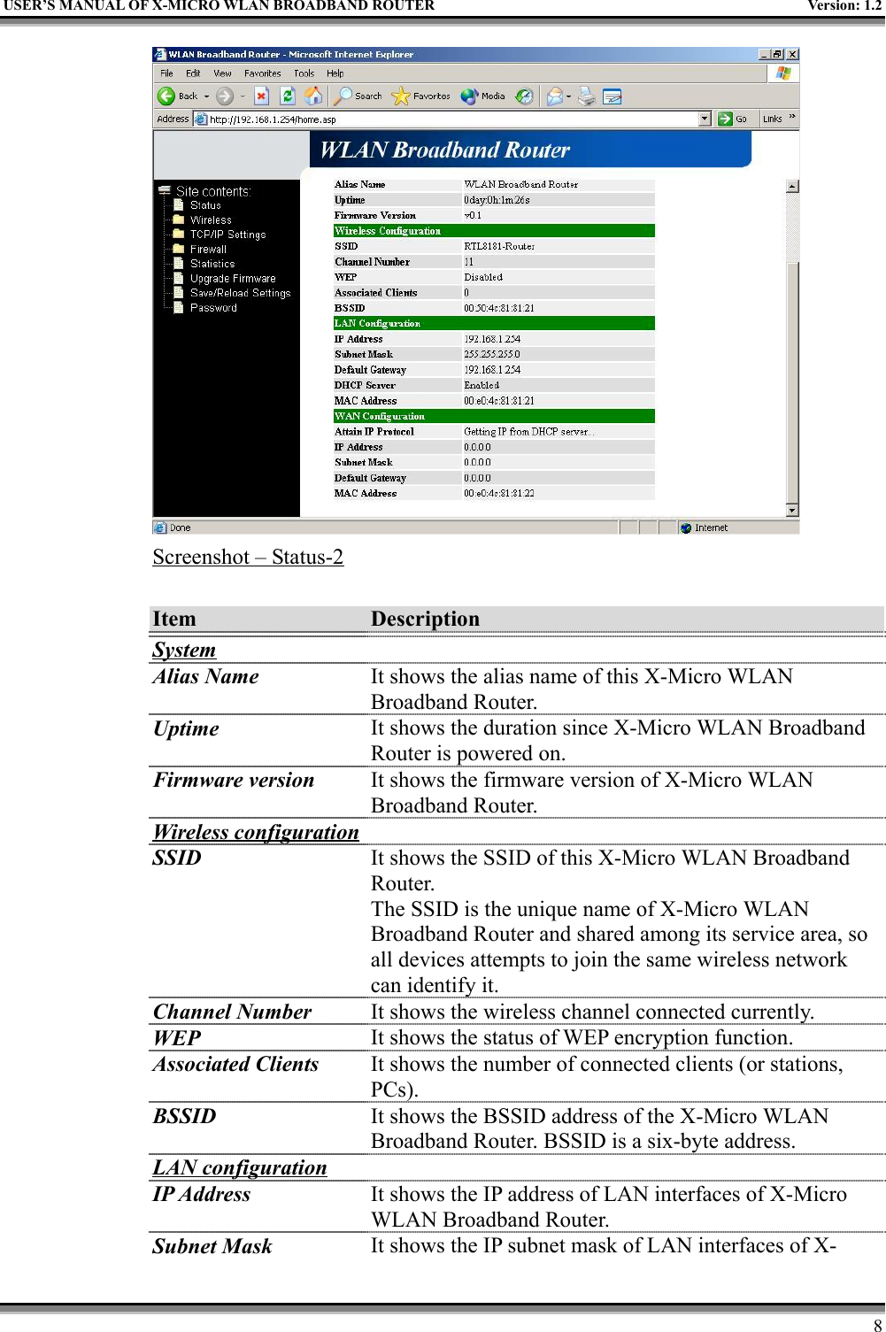 USER’S MANUAL OF X-MICRO WLAN BROADBAND ROUTER Version: 1.28Screenshot – Status-2Item DescriptionSystemAlias Name It shows the alias name of this X-Micro WLANBroadband Router.Uptime It shows the duration since X-Micro WLAN BroadbandRouter is powered on.Firmware version It shows the firmware version of X-Micro WLANBroadband Router.Wireless configurationSSID It shows the SSID of this X-Micro WLAN BroadbandRouter.The SSID is the unique name of X-Micro WLANBroadband Router and shared among its service area, soall devices attempts to join the same wireless networkcan identify it.Channel Number It shows the wireless channel connected currently.WEP It shows the status of WEP encryption function.Associated Clients It shows the number of connected clients (or stations,PCs).BSSID It shows the BSSID address of the X-Micro WLANBroadband Router. BSSID is a six-byte address.LAN configurationIP Address It shows the IP address of LAN interfaces of X-MicroWLAN Broadband Router.Subnet Mask It shows the IP subnet mask of LAN interfaces of X-