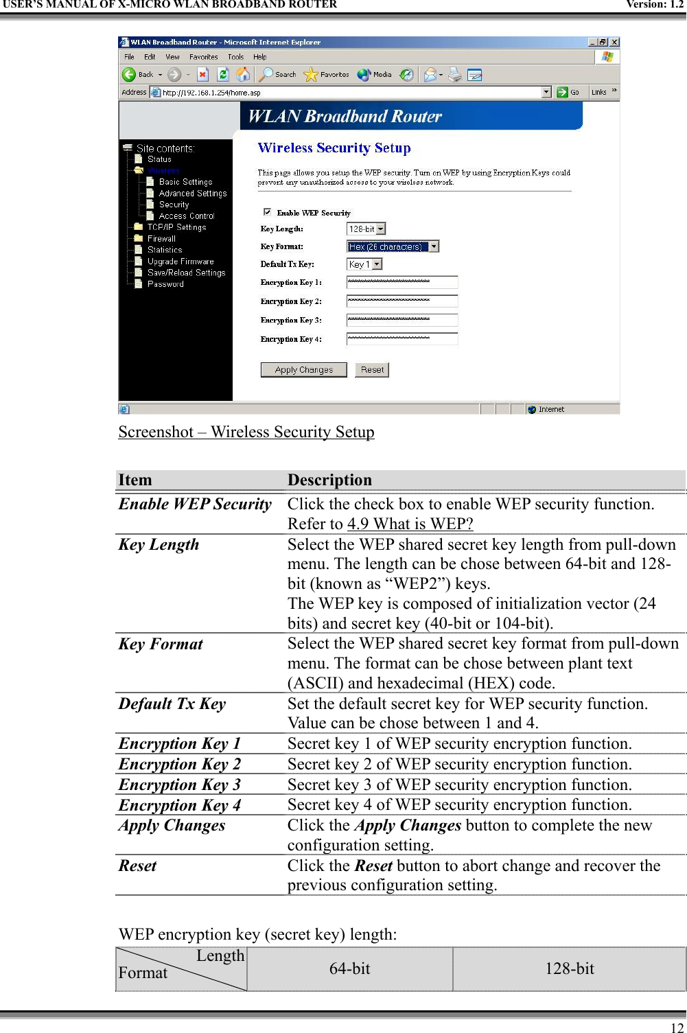 USER’S MANUAL OF X-MICRO WLAN BROADBAND ROUTER Version: 1.212Screenshot – Wireless Security SetupItem DescriptionEnable WEP Security Click the check box to enable WEP security function.Refer to 4.9 What is WEP?Key Length Select the WEP shared secret key length from pull-downmenu. The length can be chose between 64-bit and 128-bit (known as “WEP2”) keys.The WEP key is composed of initialization vector (24bits) and secret key (40-bit or 104-bit).Key Format Select the WEP shared secret key format from pull-downmenu. The format can be chose between plant text(ASCII) and hexadecimal (HEX) code.Default Tx Key Set the default secret key for WEP security function.Value can be chose between 1 and 4.Encryption Key 1 Secret key 1 of WEP security encryption function.Encryption Key 2 Secret key 2 of WEP security encryption function.Encryption Key 3 Secret key 3 of WEP security encryption function.Encryption Key 4 Secret key 4 of WEP security encryption function.Apply Changes Click the Apply Changes button to complete the newconfiguration setting.Reset Click the Reset button to abort change and recover theprevious configuration setting.WEP encryption key (secret key) length:LengthFormat 64-bit 128-bit
