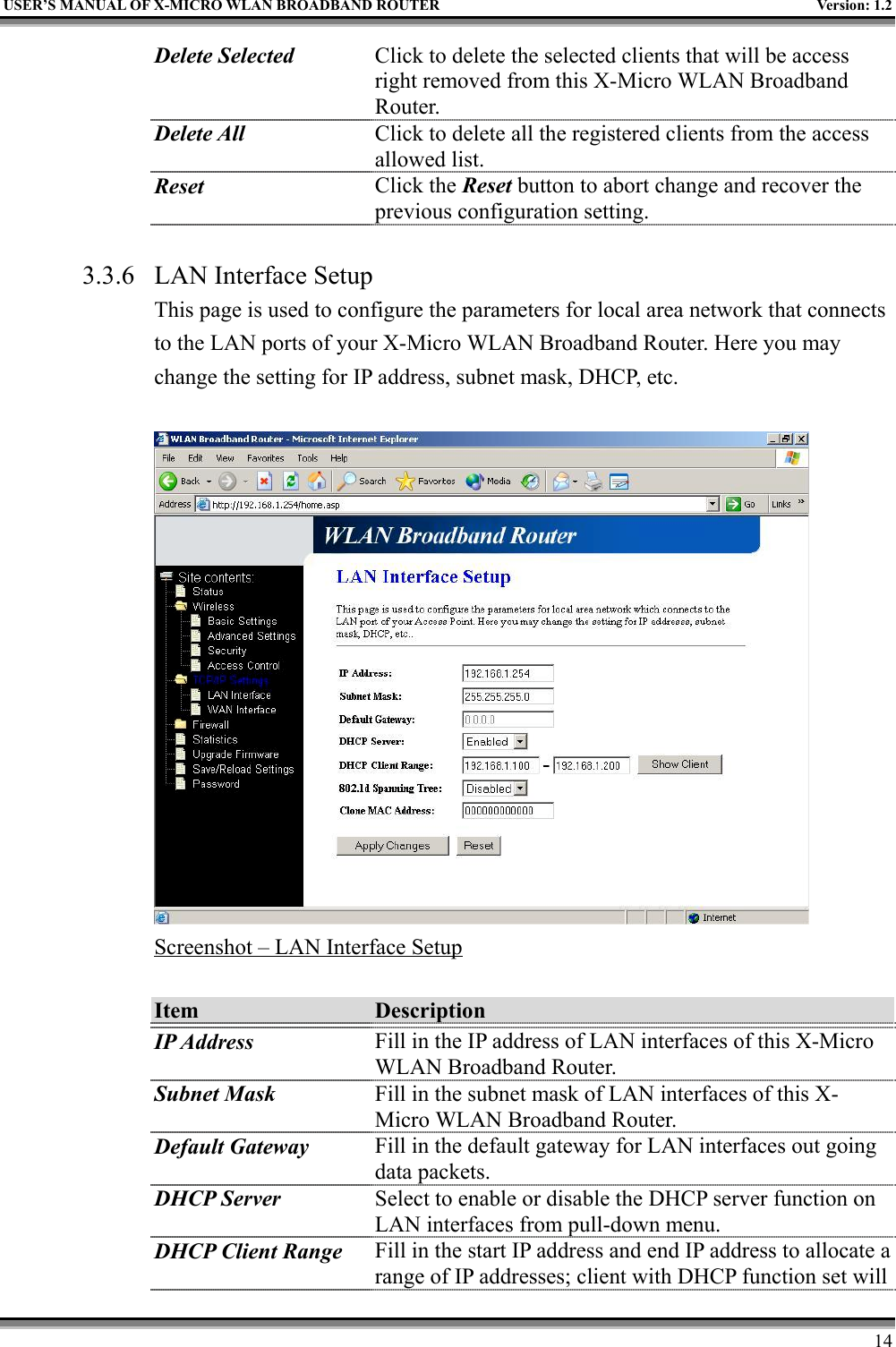 USER’S MANUAL OF X-MICRO WLAN BROADBAND ROUTER Version: 1.214Delete Selected Click to delete the selected clients that will be accessright removed from this X-Micro WLAN BroadbandRouter.Delete All Click to delete all the registered clients from the accessallowed list.Reset Click the Reset button to abort change and recover theprevious configuration setting.3.3.6 LAN Interface SetupThis page is used to configure the parameters for local area network that connectsto the LAN ports of your X-Micro WLAN Broadband Router. Here you maychange the setting for IP address, subnet mask, DHCP, etc.Screenshot – LAN Interface SetupItem DescriptionIP Address Fill in the IP address of LAN interfaces of this X-MicroWLAN Broadband Router.Subnet Mask Fill in the subnet mask of LAN interfaces of this X-Micro WLAN Broadband Router.Default Gateway Fill in the default gateway for LAN interfaces out goingdata packets.DHCP Server Select to enable or disable the DHCP server function onLAN interfaces from pull-down menu.DHCP Client Range Fill in the start IP address and end IP address to allocate arange of IP addresses; client with DHCP function set will