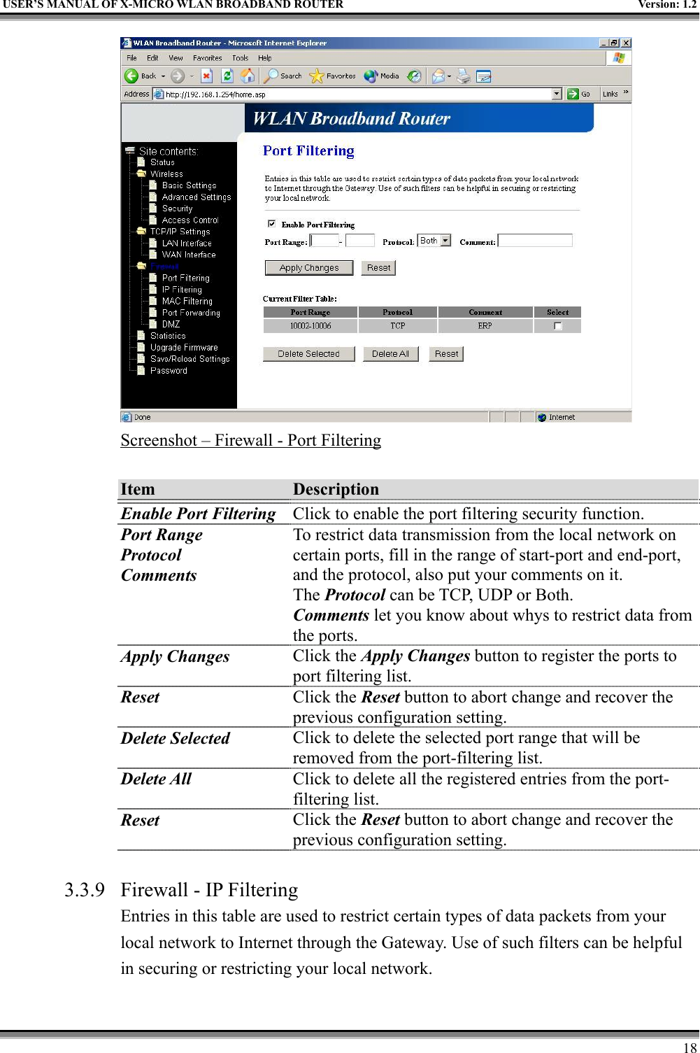 USER’S MANUAL OF X-MICRO WLAN BROADBAND ROUTER Version: 1.218Screenshot – Firewall - Port FilteringItem DescriptionEnable Port Filtering Click to enable the port filtering security function.Port RangeProtocolCommentsTo restrict data transmission from the local network oncertain ports, fill in the range of start-port and end-port,and the protocol, also put your comments on it.The Protocol can be TCP, UDP or Both.Comments let you know about whys to restrict data fromthe ports.Apply Changes Click the Apply Changes button to register the ports toport filtering list.Reset Click the Reset button to abort change and recover theprevious configuration setting.Delete Selected Click to delete the selected port range that will beremoved from the port-filtering list.Delete All Click to delete all the registered entries from the port-filtering list.Reset Click the Reset button to abort change and recover theprevious configuration setting.3.3.9 Firewall - IP FilteringEntries in this table are used to restrict certain types of data packets from yourlocal network to Internet through the Gateway. Use of such filters can be helpfulin securing or restricting your local network.