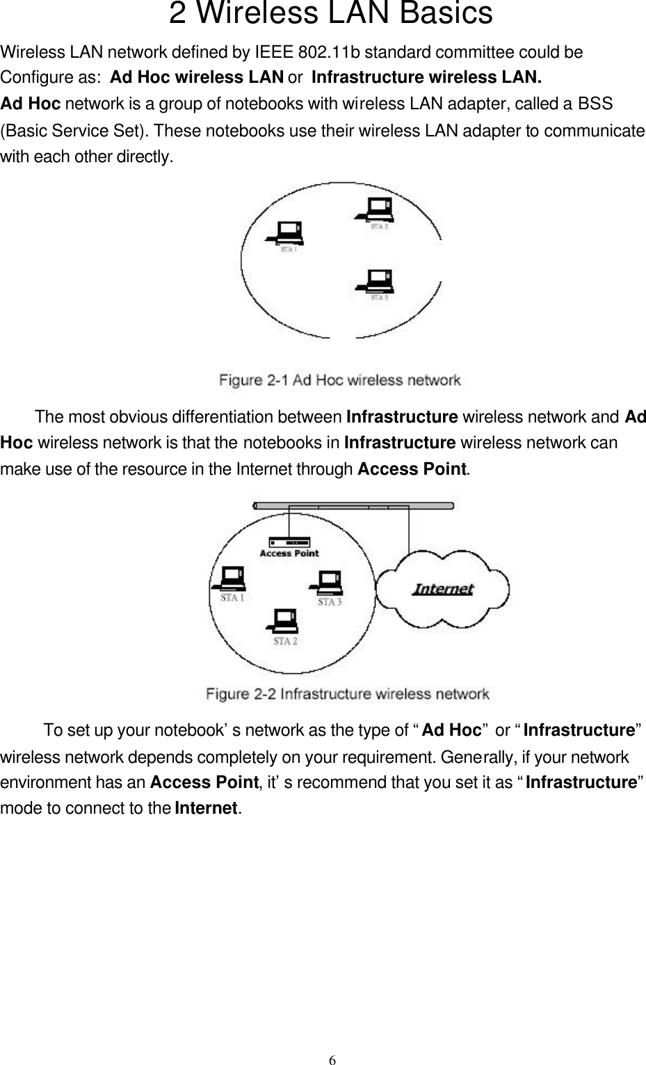  62 Wireless LAN Basics Wireless LAN network defined by IEEE 802.11b standard committee could be Configure as: Ad Hoc wireless LAN or Infrastructure wireless LAN. Ad Hoc network is a group of notebooks with wireless LAN adapter, called a BSS (Basic Service Set). These notebooks use their wireless LAN adapter to communicate with each other directly.  The most obvious differentiation between Infrastructure wireless network and Ad Hoc wireless network is that the notebooks in Infrastructure wireless network can make use of the resource in the Internet through Access Point.    To set up your notebook’s network as the type of “Ad Hoc” or “Infrastructure” wireless network depends completely on your requirement. Generally, if your network environment has an Access Point, it’s recommend that you set it as “Infrastructure” mode to connect to the Internet.         