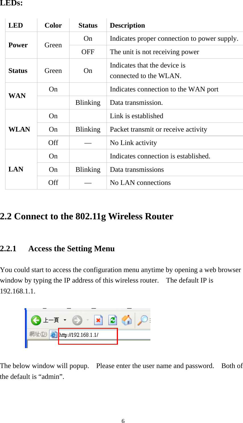 LEDs:   LED Color Status Description On  Indicates proper connection to power supply. Power  Green  OFF  The unit is not receiving power Status  Green On Indicates that the device is connected to the WLAN.   On    Indicates connection to the WAN port WAN   Blinking Data transmission. On    Link is established On  Blinking  Packet transmit or receive activity WLAN Off  —  No Link activity On    Indicates connection is established. On Blinking Data transmissions LAN Off  —  No LAN connections  2.2 Connect to the 802.11g Wireless Router 2.2.1  Access the Setting Menu You could start to access the configuration menu anytime by opening a web browser window by typing the IP address of this wireless router.  The default IP is 192.168.1.1.                 The below window will popup.    Please enter the user name and password.    Both of the default is “admin”.  6