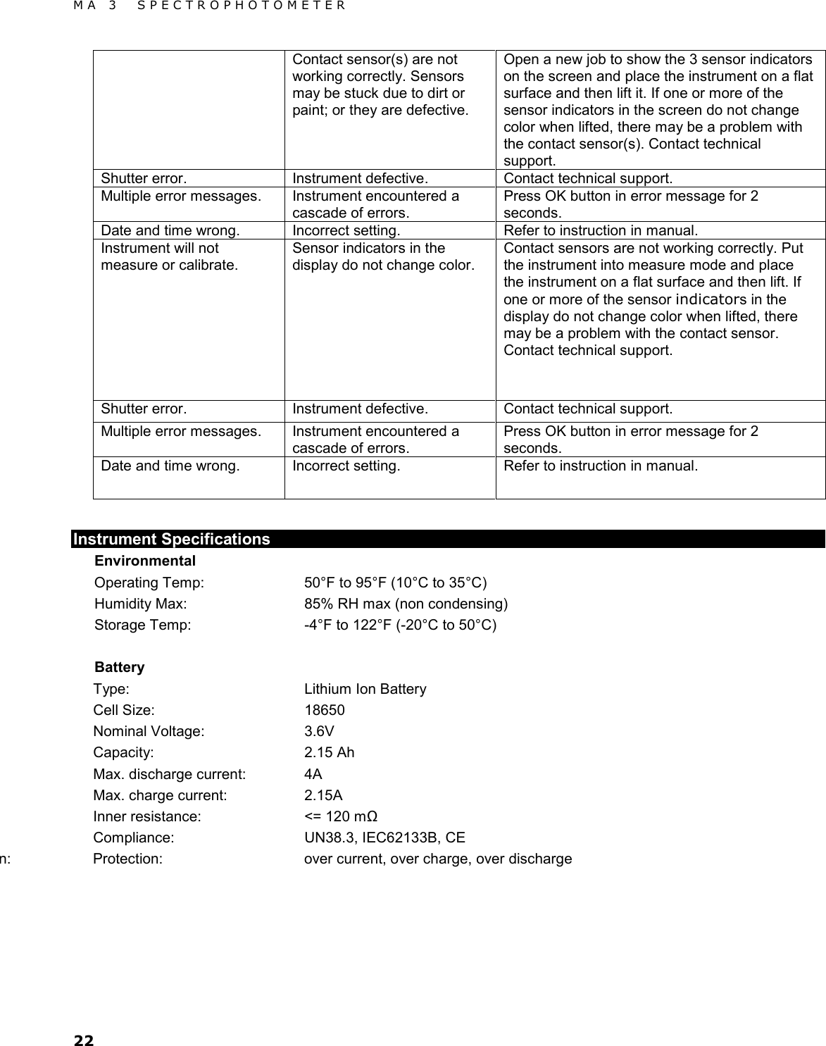 MA 3  SPECTROPHOTOMETER 22 Contact sensor(s) are not working correctly. Sensors may be stuck due to dirt or paint; or they are defective. Open a new job to show the 3 sensor indicators on the screen and place the instrument on a flat surface and then lift it. If one or more of the sensor indicators in the screen do not change color when lifted, there may be a problem with the contact sensor(s). Contact technical support. Shutter error. Instrument defective. Contact technical support. Multiple error messages. Instrument encountered a cascade of errors. Press OK button in error message for 2 seconds. Date and time wrong. Incorrect setting. Refer to instruction in manual. Instrument will not measure or calibrate. Sensor indicators in the display do not change color. Contact sensors are not working correctly. Put the instrument into measure mode and place the instrument on a flat surface and then lift. If one or more of the sensor indicators in the display do not change color when lifted, there may be a problem with the contact sensor. Contact technical support. Shutter error. Instrument defective. Contact technical support. Multiple error messages. Instrument encountered a cascade of errors. Press OK button in error message for 2 seconds. Date and time wrong. Incorrect setting. Refer to instruction in manual.  Instrument Specifications Environmental Operating Temp: 50°F to 95°F (10°C to 35°C) Humidity Max:  85% RH max (non condensing) Storage Temp:  -4°F to 122°F (-20°C to 50°C)  Battery Type: Lithium Ion Battery Cell Size: 18650 Nominal Voltage: 3.6V Capacity: 2.15 Ah Max. discharge current:  4A Max. charge current: 2.15A Inner resistance: &lt;= 120 mΩ Compliance: UN38.3, IEC62133B, CE n: Protection: over current, over charge, over discharge    