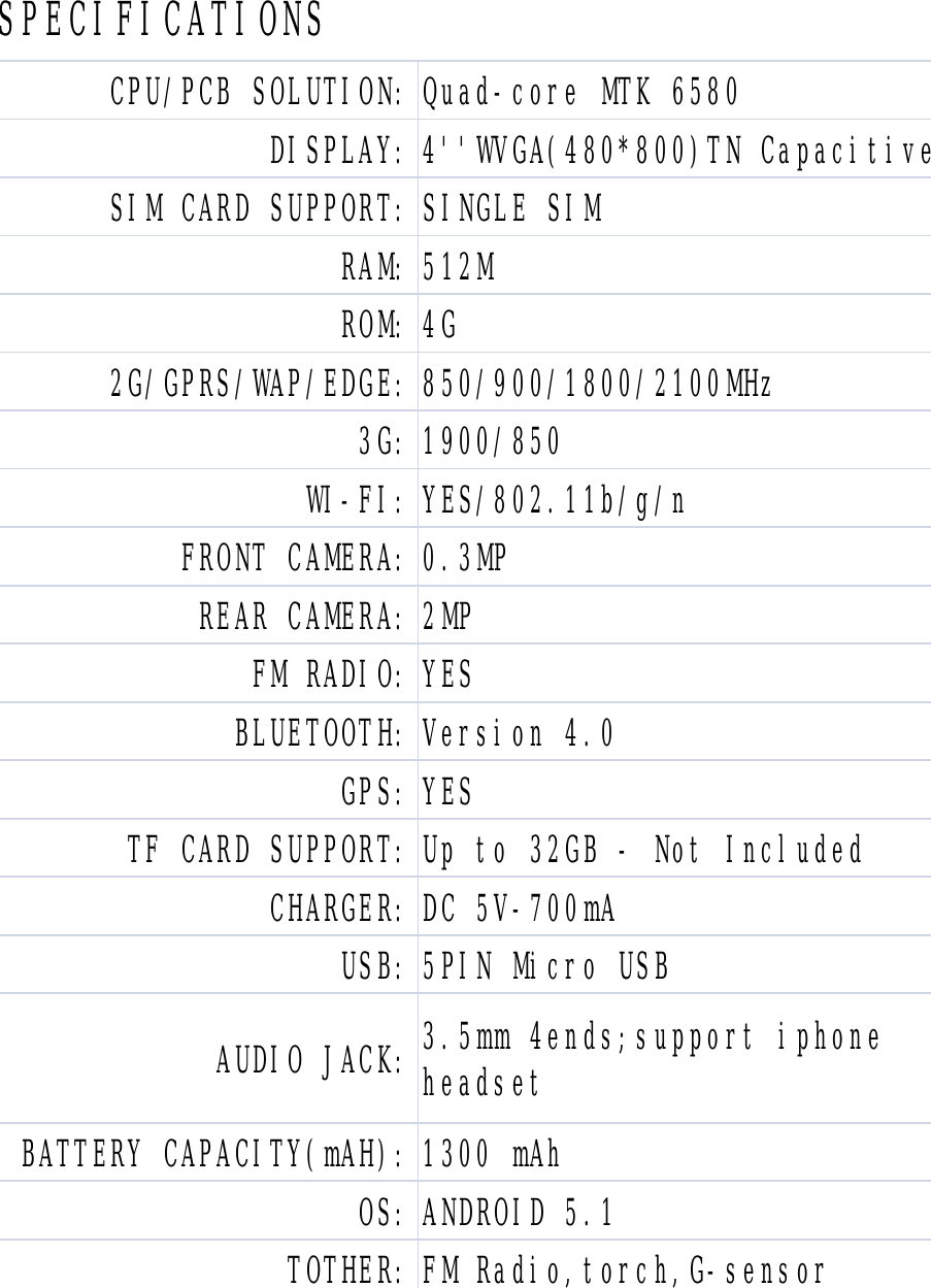  4G850/900/1800/2100MHz1900/850YES/802.11b/g/n0.3MPBATTERY CAPACITY(mAH):OS:TOTHER:AUDIO JACK:2G/GPRS/WAP/EDGE:3G:WI-FI:FRONT CAMERA:REAR CAMERA:FM RADIO:BLUETOOTH:GPS:TF CARD SUPPORT:CHARGER:USB:ROM:CPU/PCB SOLUTION:DISPLAY:SIM CARD SUPPORT:RAM:Quad-core MTK 6580SPECIFICATIONS 4&apos;&apos;WVGA(480*800)TN CapacitiveSINGLE SIM512M2MPYESVersion 4.0YESUp to 32GB - Not IncludedDC 5V-700mA5PIN Micro USB3.5mm 4ends;support iphoneheadset1300 mAhANDROID 5.1FM Radio,torch,G-sensor