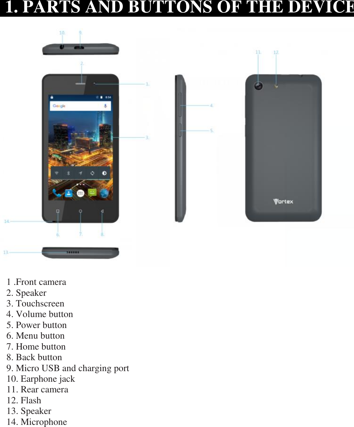     1 .Front camera 2. Speaker 3. Touchscreen 4. Volume button 5. Power button 6. Menu button 7. Home button 8. Back button 9. Micro USB and charging port 10. Earphone jack 11. Rear camera 12. Flash 13. Speaker 14. Microphone  1. PARTS AND BUTTONS OF THE DEVICE