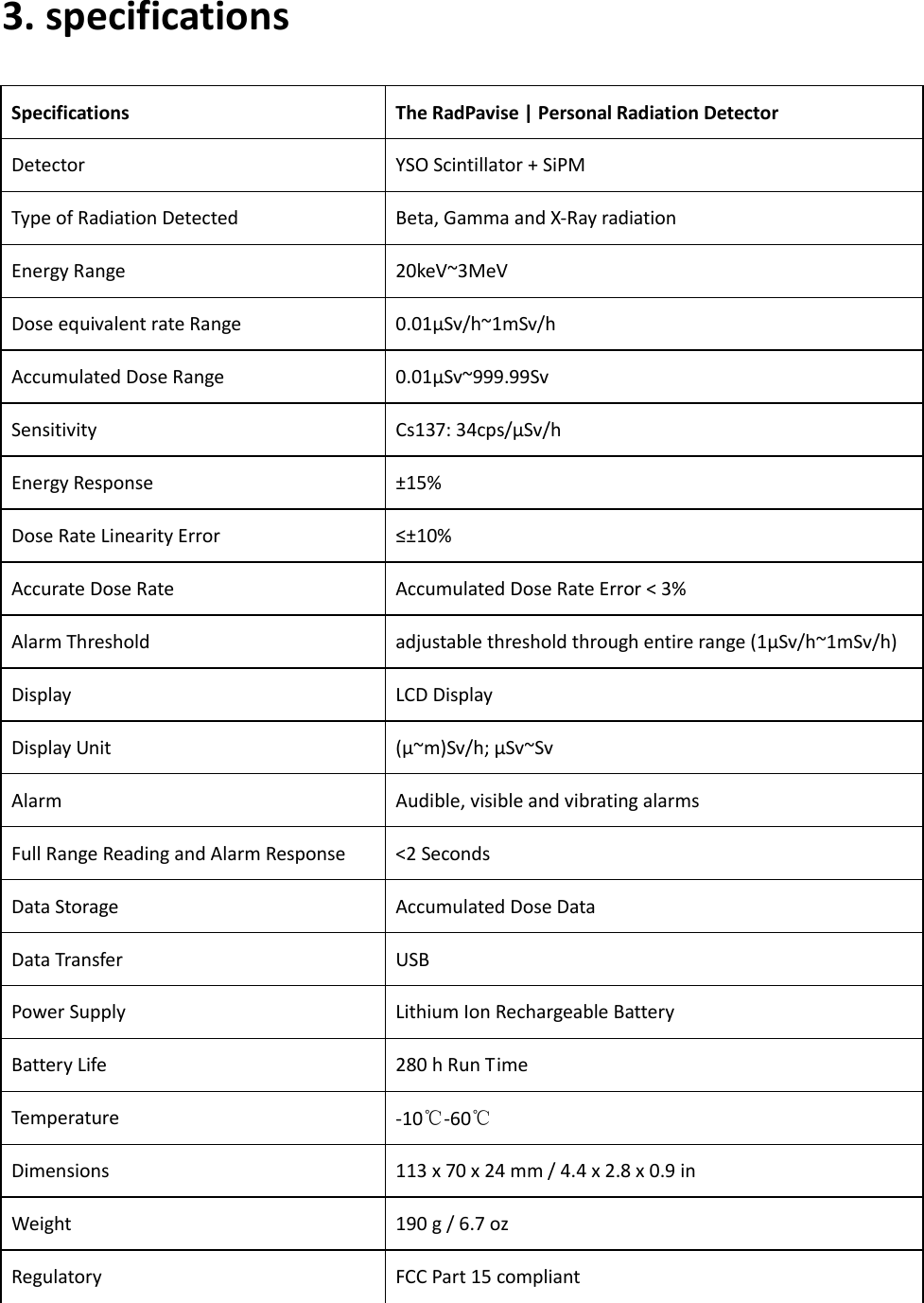    3. specifications   Specifications The RadPavise | Personal Radiation Detector Detector YSO Scintillator + SiPM Type of Radiation Detected Beta, Gamma and X-Ray radiation Energy Range 20keV~3MeV Dose equivalent rate Range   0.01μSv/h~1mSv/h Accumulated Dose Range   0.01μSv~999.99Sv Sensitivity Cs137: 34cps/μSv/h   Energy Response ±15% Dose Rate Linearity Error ≤±10% Accurate Dose Rate Accumulated Dose Rate Error &lt; 3% Alarm Threshold adjustable threshold through entire range (1μSv/h~1mSv/h) Display LCD Display Display Unit (μ~m)Sv/h; μSv~Sv Alarm Audible, visible and vibrating alarms Full Range Reading and Alarm Response &lt;2 Seconds Data Storage Accumulated Dose Data   Data Transfer USB Power Supply Lithium Ion Rechargeable Battery Battery Life 280 h Run Time Temperature -10℃-60℃ Dimensions 113 x 70 x 24 mm / 4.4 x 2.8 x 0.9 in Weight 190 g / 6.7 oz Regulatory FCC Part 15 compliant 