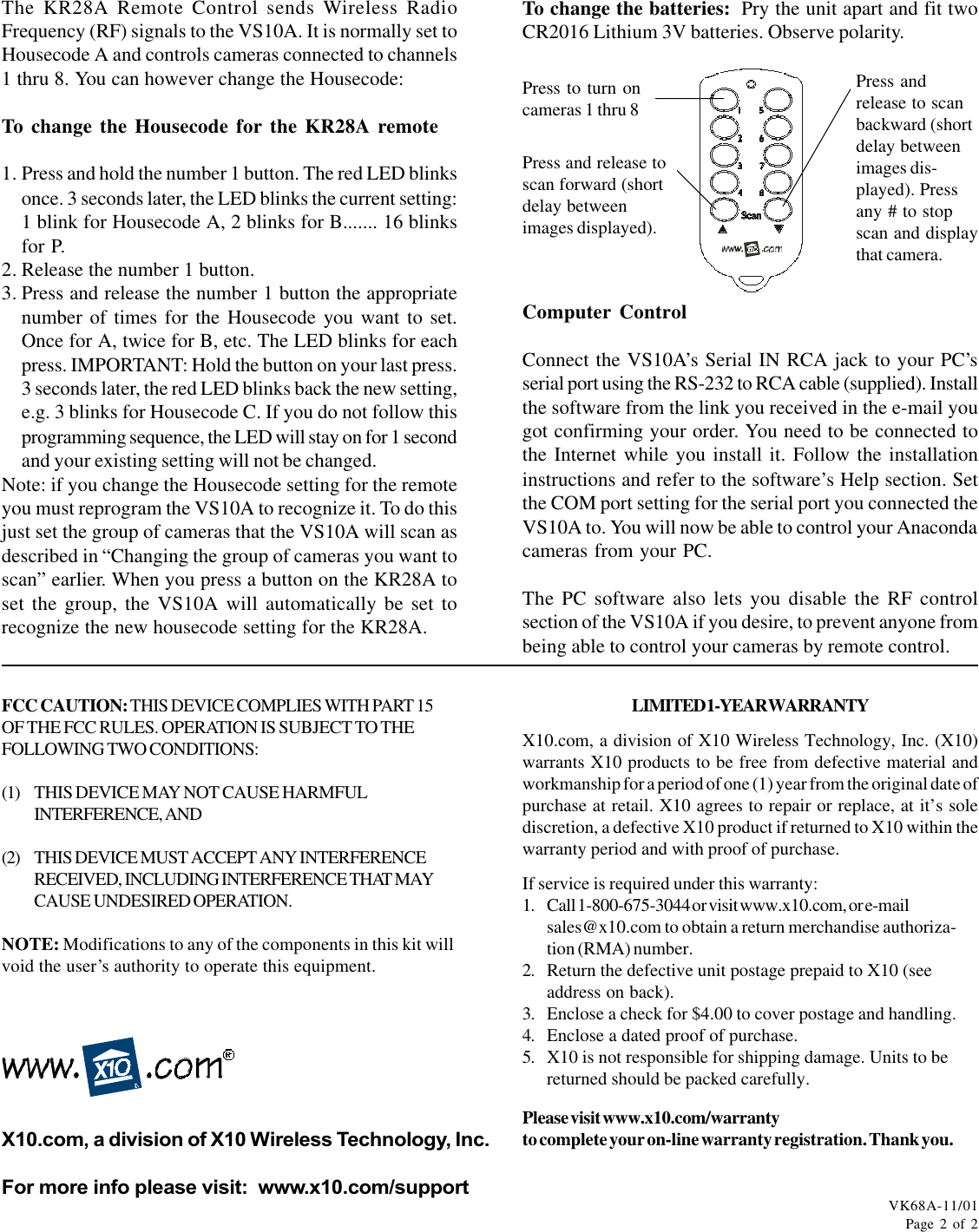 Page 2 of 2 - X10-Wireless-Technology X10-Wireless-Technology-Vk68A-Users-Manual-  X10-wireless-technology-vk68a-users-manual