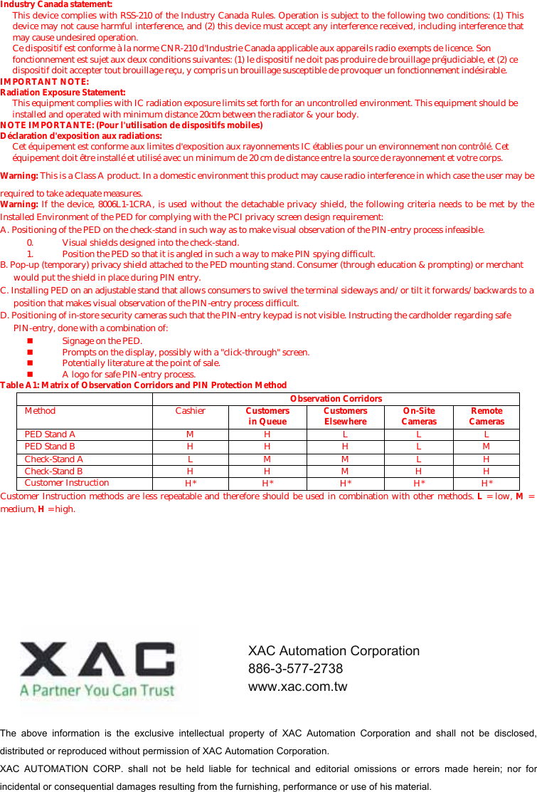 Industry Canada statement: This device complies with RSS-210 of the Industry Canada Rules. Operation is subject to the following two conditions: (1) This device may not cause harmful interference, and (2) this device must accept any interference received, including interference that may cause undesired operation. Ce dispositif est conforme à la norme CNR-210 d&apos;Industrie Canada applicable aux appareils radio exempts de licence. Son fonctionnement est sujet aux deux conditions suivantes: (1) le dispositif ne doit pas produire de brouillage préjudiciable, et (2) ce dispositif doit accepter tout brouillage reçu, y compris un brouillage susceptible de provoquer un fonctionnement indésirable.   IMPORTANT NOTE:   Radiation Exposure Statement: This equipment complies with IC radiation exposure limits set forth for an uncontrolled environment. This equipment should be installed and operated with minimum distance 20cm between the radiator &amp; your body. NOTE IMPORTANTE: (Pour l&apos;utilisation de dispositifs mobiles) Déclaration d&apos;exposition aux radiations: Cet équipement est conforme aux limites d&apos;exposition aux rayonnements IC établies pour un environnement non contrôlé. Cet équipement doit être installé et utilisé avec un minimum de 20 cm de distance entre la source de rayonnement et votre corps.  Warning: This is a Class A product. In a domestic environment this product may cause radio interference in which case the user may be required to take adequate measures. Warning: If the device, 8006L1-1CRA, is used without the detachable privacy shield, the following criteria needs to be met by the Installed Environment of the PED for complying with the PCI privacy screen design requirement: A. Positioning of the PED on the check-stand in such way as to make visual observation of the PIN-entry process infeasible. 0. Visual shields designed into the check-stand. 1. Position the PED so that it is angled in such a way to make PIN spying difficult. B. Pop-up (temporary) privacy shield attached to the PED mounting stand. Consumer (through education &amp; prompting) or merchant would put the shield in place during PIN entry. C. Installing PED on an adjustable stand that allows consumers to swivel the terminal sideways and/or tilt it forwards/backwards to a position that makes visual observation of the PIN-entry process difficult. D. Positioning of in-store security cameras such that the PIN-entry keypad is not visible. Instructing the cardholder regarding safe PIN-entry, done with a combination of:  Signage on the PED.  Prompts on the display, possibly with a &quot;click-through&quot; screen.  Potentially literature at the point of sale.  A logo for safe PIN-entry process. Table A1: Matrix of Observation Corridors and PIN Protection Method  Observation Corridors Method Cashier Customers in Queue Customers Elsewhere On-Site Cameras Remote Cameras PED Stand A  M  H  L  L  L PED Stand B  H  H  H  L  M Check-Stand A  L  M  M  L  H Check-Stand B  H  H  M  H  H Customer Instruction  H* H* H* H* H* Customer Instruction methods are less repeatable and therefore should be used in combination with other methods. L = low, M = medium, H = high. The  above  information  is  the  exclusive  intellectual  property  of  XAC  Automation  Corporation  and  shall  not  be  disclosed, distributed or reproduced without permission of XAC Automation Corporation.     XAC  AUTOMATION  CORP.  shall  not  be  held  liable  for  technical  and  editorial  omissions  or  errors  made  herein;  nor  for incidental or consequential damages resulting from the furnishing, performance or use of his material. XAC Automation Corporation 886-3-577-2738 www.xac.com.tw 
