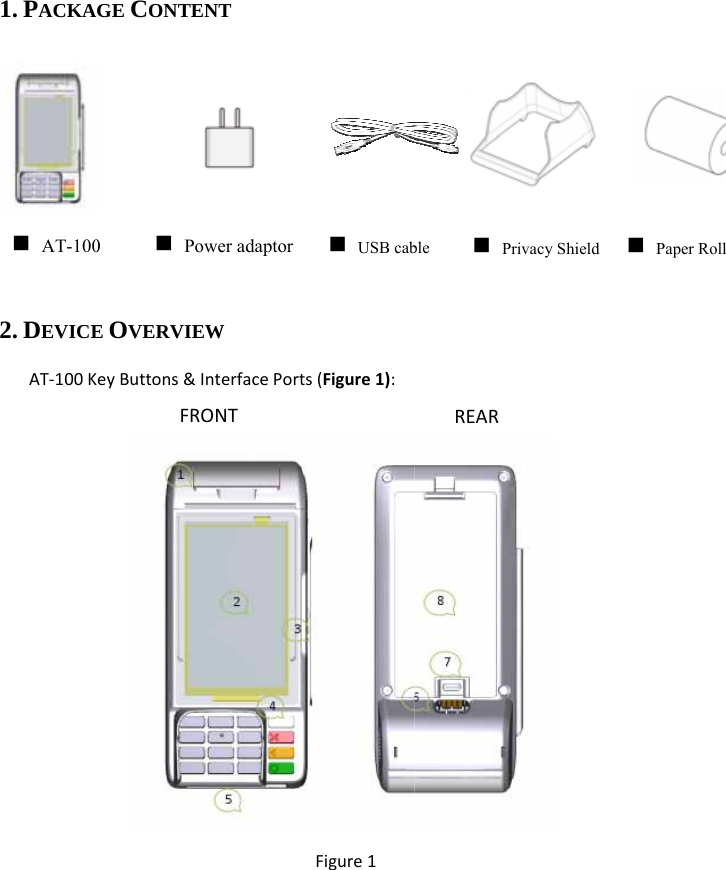   1. PACKAG     2. DEVICEAT‐100K      AT-100GE CONTENT E OVERVIEW eyButtons&amp;InterfacFRONT0  Power adacePorts(Figure1):Figure1aptor  USB cabREARble   Privacy Shhield  Paper Roll   