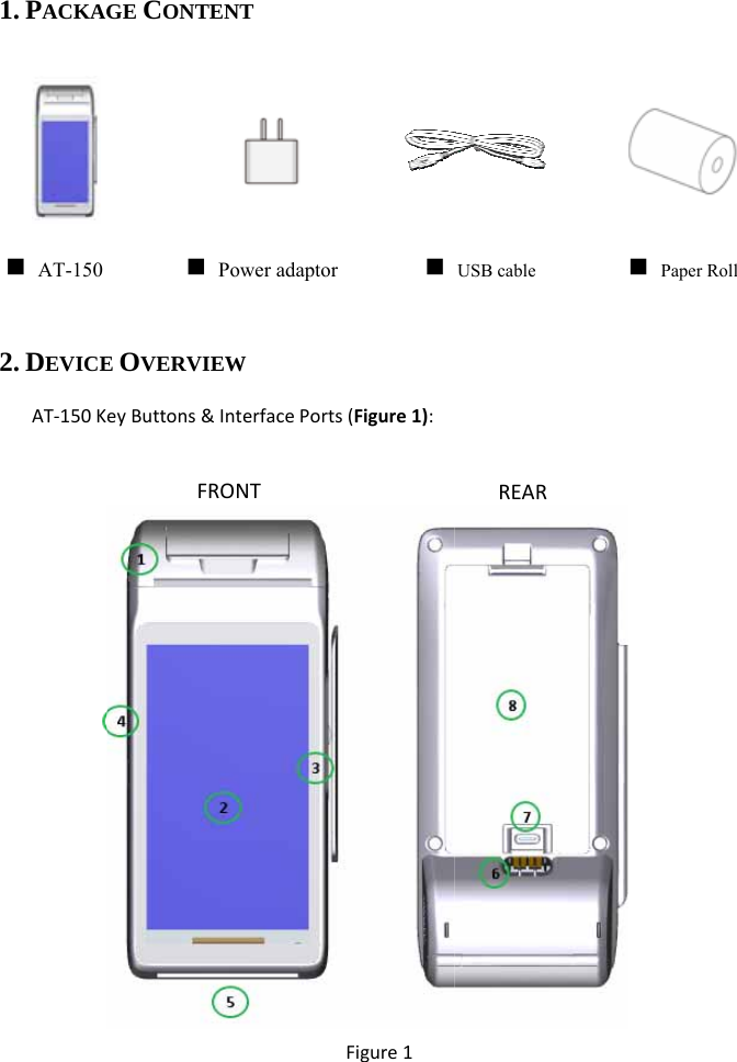 1. PACKAG         2. DEVICEAT‐150K       AT-150 GE CONTENT E OVERVIEW eyButtons&amp;InterfacFRONT Power acePorts(Figure1):Figure1adaptor REARUSB cable  Paper Roll    