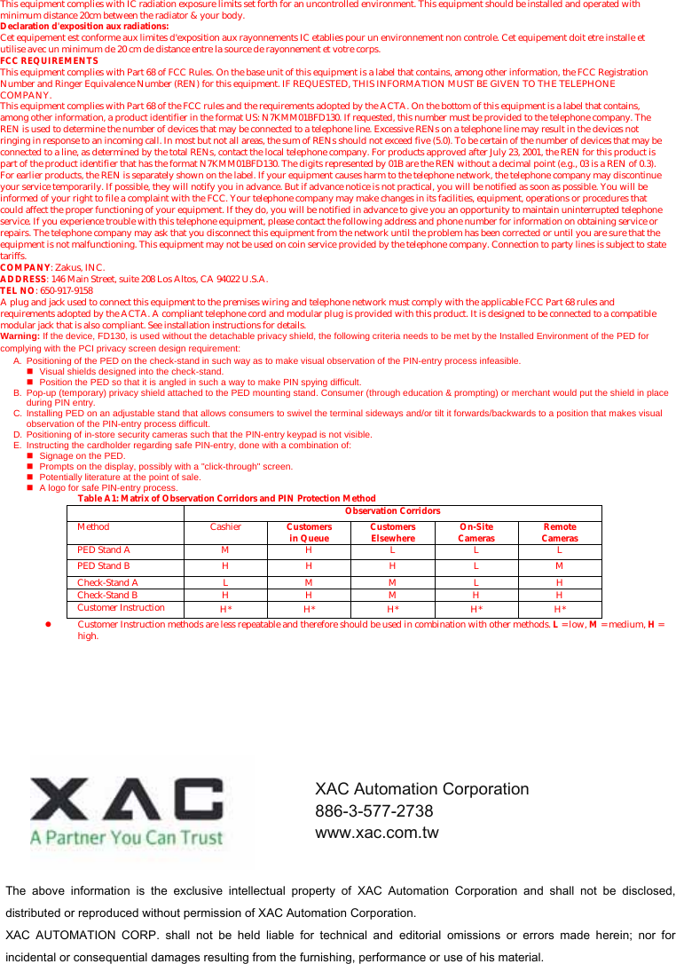 This equipment complies with IC radiation exposure limits set forth for an uncontrolled environment. This equipment should be installed and operated with minimum distance 20cm between the radiator &amp; your body. Declaration d&apos;exposition aux radiations: Cet equipement est conforme aux limites d&apos;exposition aux rayonnements IC etablies pour un environnement non controle. Cet equipement doit etre installe et utilise avec un minimum de 20 cm de distance entre la source de rayonnement et votre corps. FCC REQUIREMENTS This equipment complies with Part 68 of FCC Rules. On the base unit of this equipment is a label that contains, among other information, the FCC Registration Number and Ringer Equivalence Number (REN) for this equipment. IF REQUESTED, THIS INFORMATION MUST BE GIVEN TO THE TELEPHONE COMPANY. This equipment complies with Part 68 of the FCC rules and the requirements adopted by the ACTA. On the bottom of this equipment is a label that contains, among other information, a product identifier in the format US: N7KMM01BFD130. If requested, this number must be provided to the telephone company. The REN is used to determine the number of devices that may be connected to a telephone line. Excessive RENs on a telephone line may result in the devices not ringing in response to an incoming call. In most but not all areas, the sum of RENs should not exceed five (5.0). To be certain of the number of devices that may be connected to a line, as determined by the total RENs, contact the local telephone company. For products approved after July 23, 2001, the REN for this product is part of the product identifier that has the format N7KMM01BFD130. The digits represented by 01B are the REN without a decimal point (e.g., 03 is a REN of 0.3). For earlier products, the REN is separately shown on the label. If your equipment causes harm to the telephone network, the telephone company may discontinue your service temporarily. If possible, they will notify you in advance. But if advance notice is not practical, you will be notified as soon as possible. You will be informed of your right to file a complaint with the FCC. Your telephone company may make changes in its facilities, equipment, operations or procedures that could affect the proper functioning of your equipment. If they do, you will be notified in advance to give you an opportunity to maintain uninterrupted telephone service. If you experience trouble with this telephone equipment, please contact the following address and phone number for information on obtaining service or repairs. The telephone company may ask that you disconnect this equipment from the network until the problem has been corrected or until you are sure that the equipment is not malfunctioning. This equipment may not be used on coin service provided by the telephone company. Connection to party lines is subject to state tariffs. COMPANY: Zakus, INC. ADDRESS: 146 Main Street, suite 208 Los Altos, CA 94022 U.S.A. TEL NO: 650-917-9158 A plug and jack used to connect this equipment to the premises wiring and telephone network must comply with the applicable FCC Part 68 rules and requirements adopted by the ACTA. A compliant telephone cord and modular plug is provided with this product. It is designed to be connected to a compatible modular jack that is also compliant. See installation instructions for details.Warning: If the device, FD130, is used without the detachable privacy shield, the following criteria needs to be met by the Installed Environment of the PED for complying with the PCI privacy screen design requirement: A.  Positioning of the PED on the check-stand in such way as to make visual observation of the PIN-entry process infeasible.   Visual shields designed into the check-stand.   Position the PED so that it is angled in such a way to make PIN spying difficult. B.  Pop-up (temporary) privacy shield attached to the PED mounting stand. Consumer (through education &amp; prompting) or merchant would put the shield in place during PIN entry. C.  Installing PED on an adjustable stand that allows consumers to swivel the terminal sideways and/or tilt it forwards/backwards to a position that makes visual observation of the PIN-entry process difficult. D.  Positioning of in-store security cameras such that the PIN-entry keypad is not visible. E.  Instructing the cardholder regarding safe PIN-entry, done with a combination of:   Signage on the PED.   Prompts on the display, possibly with a &quot;click-through&quot; screen.   Potentially literature at the point of sale.   A logo for safe PIN-entry process. Table A1: Matrix of Observation Corridors and PIN Protection Method  Observation Corridors Method Cashier Customers in Queue Customers Elsewhere On-Site Cameras Remote Cameras PED Stand A  M  H  L  L  L PED Stand B  H  H  H  L  M Check-Stand A  L M M L H Check-Stand B  H H M H H Customer Instruction  H* H* H* H* H* z Customer Instruction methods are less repeatable and therefore should be used in combination with other methods. L = low, M = medium, H = high. The  above  information  is  the  exclusive  intellectual  property  of  XAC  Automation  Corporation  and  shall  not  be  disclosed, distributed or reproduced without permission of XAC Automation Corporation.     XAC  AUTOMATION  CORP.  shall  not  be  held  liable  for  technical  and  editorial  omissions  or  errors  made  herein;  nor  for incidental or consequential damages resulting from the furnishing, performance or use of his material. XAC Automation Corporation 886-3-577-2738 www.xac.com.tw 