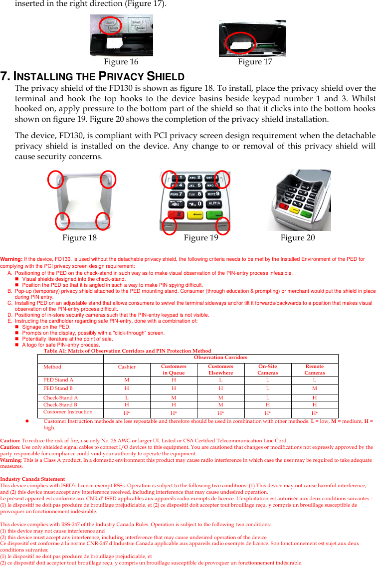 inserted in the right direction (Figure 17).                   Figure 16                                                Figure 17 7. INSTALLING THE PRIVACY SHIELD The privacy shield of the FD130 is shown as figure 18. To install, place the privacy shield over the terminal  and  hook  the  top  hooks  to  the  device  basins  beside  keypad  number  1  and  3.  Whilst hooked on, apply pressure to the bottom part of the shield so that it clicks into the bottom hooks shown on figure 19. Figure 20 shows the completion of the privacy shield installation. The device, FD130, is compliant with PCI privacy screen design requirement when the detachable privacy  shield  is  installed  on  the  device.  Any  change  to  or  removal  of  this  privacy  shield  will cause security concerns.                     Figure 18                                          Figure 19                              Figure 20  Warning: If the device, FD130, is used without the detachable privacy shield, the following criteria needs to be met by the Installed Environment of the PED for complying with the PCI privacy screen design requirement: A.  Positioning of the PED on the check-stand in such way as to make visual observation of the PIN-entry process infeasible.   Visual shields designed into the check-stand.   Position the PED so that it is angled in such a way to make PIN spying difficult. B.  Pop-up (temporary) privacy shield attached to the PED mounting stand. Consumer (through education &amp; prompting) or merchant would put the shield in place during PIN entry. C. Installing PED on an adjustable stand that allows consumers to swivel the terminal sideways and/or tilt it forwards/backwards to a position that makes visual observation of the PIN-entry process difficult. D. Positioning of in-store security cameras such that the PIN-entry keypad is not visible. E.  Instructing the cardholder regarding safe PIN-entry, done with a combination of:   Signage on the PED.   Prompts on the display, possibly with a &quot;click-through&quot; screen.   Potentially literature at the point of sale.   A logo for safe PIN-entry process. Table A1: Matrix of Observation Corridors and PIN Protection Method  Observation Corridors Method Cashier Customers in Queue Customers Elsewhere On-Site Cameras Remote Cameras PED Stand A M H L L L PED Stand B H H H L M Check-Stand A L M M L H Check-Stand B H H M H H Customer Instruction H* H* H* H* H*  Customer Instruction methods are less repeatable and therefore should be used in combination with other methods. L = low, M = medium, H = high.  Caution: To reduce the risk of fire, use only No. 26 AWG or larger UL Listed or CSA Certified Telecommunication Line Cord. Caution: Use only shielded signal cables to connect I/O devices to this equipment. You are cautioned that changes or modifications not expressly approved by the party responsible for compliance could void your authority to operate the equipment. Warning: This is a Class A product. In a domestic environment this product may cause radio interference in which case the user may be required to take adequate measures.  Industry Canada Statement This device complies with ISED’s licence-exempt RSSs. Operation is subject to the following two conditions: (1) This device may not cause harmful interference, and (2) this device must accept any interference received, including interference that may cause undesired operation. Le présent appareil est conforme aux CNR d’ ISED applicables aux appareils radio exempts de licence. L’exploitation est autorisée aux deux conditions suivantes : (1) le dispositif ne doit pas produire de brouillage préjudiciable, et (2) ce dispositif doit accepter tout brouillage reçu, y compris un brouillage susceptible de provoquer un fonctionnement indésirable.  This device complies with RSS-247 of the Industry Canada Rules. Operation is subject to the following two conditions: (1) this device may not cause interference and   (2) this device must accept any interference, including interference that may cause undesired operation of the device Ce dispositif est conforme à la norme CNR-247 d&apos;Industrie Canada applicable aux appareils radio exempts de licence. Son fonctionnement est sujet aux deux conditions suivantes:   (1) le dispositif ne doit pas produire de brouillage préjudiciable, et   (2) ce dispositif doit accepter tout brouillage reçu, y compris un brouillage susceptible de provoquer un fonctionnement indésirable. 