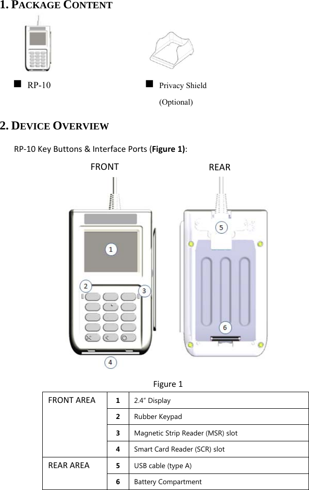 1. PACKAGE CONTENT        2. DEVICE OVERVIEW RP‐10KeyButtons&amp;InterfacePorts(Figure1):       Figure1FRONTAREA1  2.4” Display 2  Rubber Keypad 3  Magnetic Strip Reader (MSR) slot 4  Smart Card Reader (SCR) slot REARAREA5  USB cable (type A) 6  Battery Compartment FRONTREAR RP-10   Privacy Shield (Optional) 