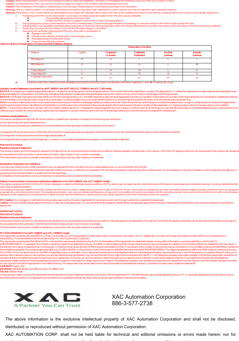  Caution: When removing bottom cover for the purposes of cable or SAM card installation, remember to reinstallation the protective cover and make sure to keep it in place. Caution: To reduce the risk of fire, use only No. 26 AWG or larger UL Listed or CSA Certified Telecommunication Line Cord. Caution: Risk of explosion if the battery is replaced by an incorrect type. Please dispose of used battery according to the instructions. Warning: This is a Class A product. In a domestic environment this product may cause radio interference in which case the user may be required to take adequate measures. Warning: If the device, T103, is used without the detachable privacy shield, the following criteria needs to be met by the Installed Environment of the PED for complying with the PCI privacy screen design requirement: A.  Positioning of the PED on the check-stand in such way as to make visual observation of the PIN-entry process infeasible.   Visual shields designed into the check-stand.   Position the PED so that it is angled in such a way to make PIN spying difficult. B.  Pop-up (temporary) privacy shield attached to the PED mounting stand. Consumer (through education &amp; prompting) or merchant would put the shield in place during PIN entry. C.  Installing PED on an adjustable stand that allows consumers to swivel the terminal sideways and/or tilt it forwards/backwards to a position that makes visual observation of the PIN-entry process difficult. D.  Positioning of in-store security cameras such that the PIN-entry keypad is not visible. E.  Instructing the cardholder regarding safe PIN-entry, done with a combination of:   Signage on the PED.   Prompts on the display, possibly with a &quot;click-through&quot; screen.   Potentially literature at the point of sale.   A logo for safe PIN-entry process. Table A1: Matrix of Observation Corridors and PIN Protection Method  Observation Corridors Method Cashier Customers in Queue Customers Elsewhere On-Site Cameras Remote Cameras PED Stand A  M  H  L  L  L PED Stand B  H  H  H  L  M Check-Stand A  L  M  M  L  H Check-Stand B  H H M H H Customer Instruction H* H* H* H* H* z Customer Instruction methods are less repeatable and therefore should be used in combination with other methods. L = low, M = medium, H = high.  Industry Canada Statement is provided for xAPT-103WiFi and xAPT-103, xCE_T103WiFi and xCE_T103 model. NOTICE: This equipment meets the applicable Industry Canada Terminal Equipment Technical Specifications. This is confirmed by the registration number. The abbreviation, IC, before the registration number signifies that registration was performed based on a Declaration of Conformity indicating that Industry Canada technical specifications were met. It does not imply that Industry Canada approved the equipment. NOTICE: The Ringer Equivalence Number (REN) for this terminal equipment is 0.1. The REN assigned to each terminal equipment provides an indication of the maximum number of terminals allowed to be connected to a telephone interface. The termination on an interface may consist of any combination of devices subject only to the requirement that the sum of the Ringer Equivalence Numbers of all the devices does not exceed five. AVIS : Le présent matériel est conforme aux spécifications techniques d’Industrie Canadaapplicables au matériel terminal. Cette conformité est confirmée par le numérod&apos;enregistrement. Le sigle IC, placé devant le numéro d&apos;enregistrement, signifie quel’enregistrement s’est effectué conformément à une déclaration de conformité et indique queles spécifications techniques d&apos;Industrie Canada ont été respectées. Il n’implique pasqu’Industrie Canada a approuvé le matériel. AVIS : L&apos;indice d&apos;équivalence de la sonnerie (IES) du présent matériel est de 0.1. L&apos;IESassigné à chaque dispositif terminal indique le nombre maximal de terminaux qui peuvent êtreraccordés à une interface téléphonique. La terminaison d&apos;une interface peut consister en unecombinaison quelconque de dispositifs, à la seule condition que la somme d&apos;indicesd&apos;équivalence de la sonnerie de tous les dispositifs n&apos;excède pas 5.  Industry Canada Statement This device complies with RSS-210/247 of the Industry Canada Rules. Operation is subject to the following two conditions: (1) this device may not cause interference and   (2) this device must accept any interference, including interference that may cause undesired operation of the device  Ce dispositif est conforme à la norme CNR-210/247 d&apos;Industrie Canada applicable aux appareils radio exempts de licence. Son fonctionnement est sujet aux deux conditions suivantes:   (1) le dispositif ne doit pas produire de brouillage préjudiciable, et   (2) ce dispositif doit accepter tout brouillage reçu, y compris un brouillage susceptible de provoquer un fonctionnement indésirable.  FOR DEVICE USAGE   Radiation Exposure Statement: The product comply with the Canada RF exposure limit set forth for an uncontrolled environment and are safe for intended operation as described in this manual. The further RF exposure reduction can be achieved if the product can be kept as far as possible from the user body or set the device to lower output power if such function is available. This transmitter must not be co-located or operating in conjunction with any other antenna or transmitter.  Déclaration d&apos;exposition aux radiations: Le produit est conforme aux limites d&apos;exposition pour les appareils RF pour les Etats-Unis et le Canada établies pour un environnement non contrôlé. Le produit est sûr pour un fonctionnement tel que décrit dans ce manuel. La réduction aux expositions RF peut être augmentée si l&apos;appareil peut être conservé aussi loin que possible du corps de l&apos;utilisateur ou que le dispositif est réglé sur la puissance de sortie la plus faible si une telle fonction est disponible. Cet émetteur ne doit pas être co-situé ou fonctionner en conjonction avec une autre antenne ou émetteur.  Federal Communication Commission Interference Statement is for xAPT-103WiFi and xCE_T103WiFi model. This device complies with Part 15 of the FCC Rules. Operation is subject to the following two conditions: (1) This device may not cause harmful interference, and (2) this device must accept any interference received, including interference that may cause undesired operation. This equipment has been tested and found to comply with the limits for a Class A digital device, pursuant to part 15 of the FCC Rules. These limits are designed to pro-vide reasonable protection against harmful interference when the equipment is operate din a commercial environment. This equipment generates, uses, and can radiate radiofrequency energy and, if not installed and used in accordance with the instruction manual, may cause harmful interference to radio communications. Operation of this equipment in a residential area is likely to cause harmful interference in which case the user will be required to correct the interference at his own expense.  FCC Caution: Any changes or modifications not expressly approved by the party responsible for compliance could void the user&apos;s authority to operate this equipment. Caution: Use only shielded signal cables to connect I/O devices to this equipment. You are cautioned that changes or modifications not expressly approved by the party responsible for compliance could void your authority to operate the equipment.  IMPORTANT NOTE: FOR DEVICE USAGE  Radiation Exposure Statement:  The product comply with the FCC RF exposure limit set forth for an uncontrolled environment and are safe for intended operation as described in this manual. The further RF exposure reduction can be achieved if the product can be kept as far as possible from the user body or set the device to lower output power if such function is available. This transmitter must not be co-located or operating in conjunction with any other antenna or transmitter.  FCC REQUIREMENTS for xAPT-103WiFi and xCE_T103WiFi model. This equipment complies with Part 68 of FCC Rules. On the base unit of this equipment is a label that contains, among other information, the FCC Registration Number and Ringer Equivalence Number (REN) for this equipment. IF REQUESTED, THIS INFORMATION MUST BE GIVEN TO THE TELEPHONE COMPANY. This equipment complies with Part 68 of the FCC rules and the requirements adopted by the ACTA. On the bottom of this equipment is a label that contains, among other information, a product identifier in the format US: N7KMM01BT103WIFI. If requested, this number must be provided to the telephone company. The REN is used to determine the number of devices that may be connected to a telephone line. Excessive RENs on a telephone line may result in the devices not ringing in response to an incoming call. In most but not all areas, the sum of RENs should not exceed five (5.0). To be certain of the number of devices that may be connected to a line, as determined by the total RENs, contact the local telephone company. For products approved after July 23, 2001, the REN for this product is part of the product identifier that has the format N7KMM01BT103WIFI. The digits represented by 01B are the REN without a decimal point (e.g., 03 is a REN of 0.3). For earlier products, the REN is separately shown on the label. If your equipment causes harm to the telephone network, the telephone company may discontinue your service temporarily. If possible, they will notify you in advance. But if advance notice is not practical, you will be notified as soon as possible. You will be informed of your right to file a complaint with the FCC. Your telephone company may make changes in its facilities, equipment, operations or procedures that could affect the proper functioning of your equipment. If they do, you will be notified in advance to give you an opportunity to maintain uninterrupted telephone service. If you experience trouble with this telephone equipment, please contact the following address and phone number for information on obtaining service or repairs. The telephone company may ask that you disconnect this equipment from the network until the problem has been corrected or until you are sure that the equipment is not malfunctioning. This equipment may not be used on coin service provided by the telephone company. Connection to party lines is subject to state tariffs. COMPANY: Zakus, INC. ADDRESS: 146 Main Street, suite 208 Los Altos, CA 94022 U.S.A. TEL NO: 650-917-9158 A plug and jack used to connect this equipment to the premises wiring and telephone network must comply with the applicable FCC Part 68 rules and requirements adopted by the ACTA. A compliant telephone cord and modular plug is provided with this product. It is designed to be connected to a compatible modular jack that is also compliant. See installation instructions for details. The  above  information  is  the  exclusive  intellectual  property  of  XAC  Automation  Corporation  and  shall  not  be  disclosed, distributed or reproduced without permission of XAC Automation Corporation.     XAC  AUTOMATION  CORP.  shall  not  be  held  liable  for  technical  and  editorial  omissions  or  errors  made  herein;  nor  for iidtl tild lti f thf ihi ffhi t i lXAC Automation Corporation886-3-577-2738 