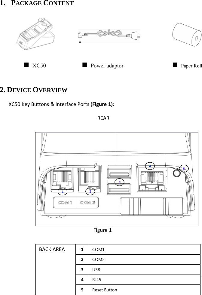 1. PACKAGE CONTENT         2. DEVICE OVERVIEW XC50KeyButtons&amp;InterfacePorts(Figure1):                 Figure1BACKAREA1  COM1 2  COM2 3  USB  4  RJ45 5  Reset Button REAR XC50   Power adaptor     Paper Roll   