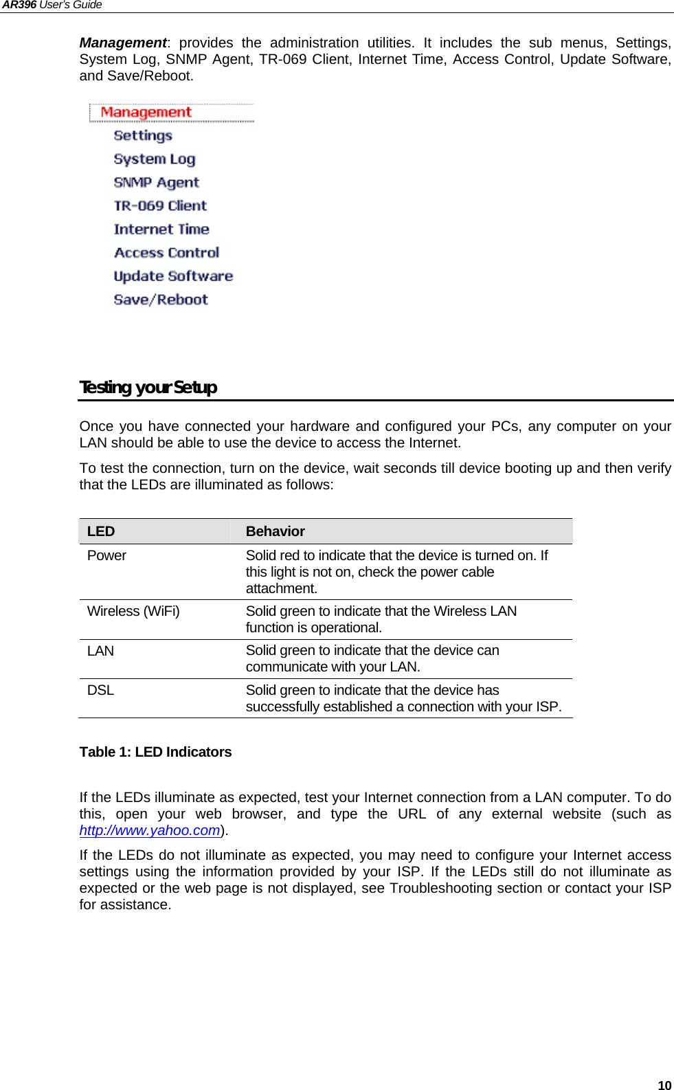 AR396 User’s Guide   10 Management: provides the administration utilities. It includes the sub menus, Settings, System Log, SNMP Agent, TR-069 Client, Internet Time, Access Control, Update Software, and Save/Reboot.            Testing your Setup Once you have connected your hardware and configured your PCs, any computer on your LAN should be able to use the device to access the Internet. To test the connection, turn on the device, wait seconds till device booting up and then verify that the LEDs are illuminated as follows:    Table 1: LED Indicators  If the LEDs illuminate as expected, test your Internet connection from a LAN computer. To do this, open your web browser, and type the URL of any external website (such as http://www.yahoo.com).  If the LEDs do not illuminate as expected, you may need to configure your Internet access settings using the information provided by your ISP. If the LEDs still do not illuminate as expected or the web page is not displayed, see Troubleshooting section or contact your ISP for assistance.  LED  Behavior Power  Solid red to indicate that the device is turned on. If this light is not on, check the power cable attachment. Wireless (WiFi)  Solid green to indicate that the Wireless LAN function is operational. LAN  Solid green to indicate that the device can communicate with your LAN. DSL  Solid green to indicate that the device has successfully established a connection with your ISP.  