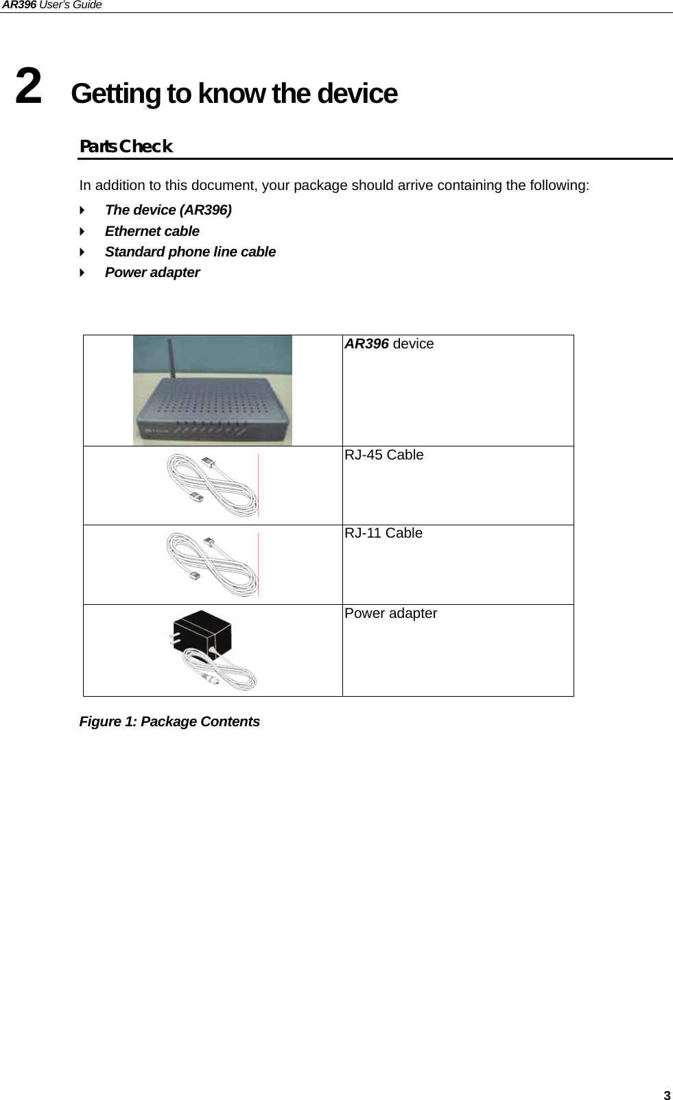 AR396 User’s Guide   3 2  Getting to know the device Parts Check In addition to this document, your package should arrive containing the following:  The device (AR396)  Ethernet cable  Standard phone line cable  Power adapter     Figure 1: Package Contents  AR396 device  RJ-45 Cable  RJ-11 Cable  Power adapter 