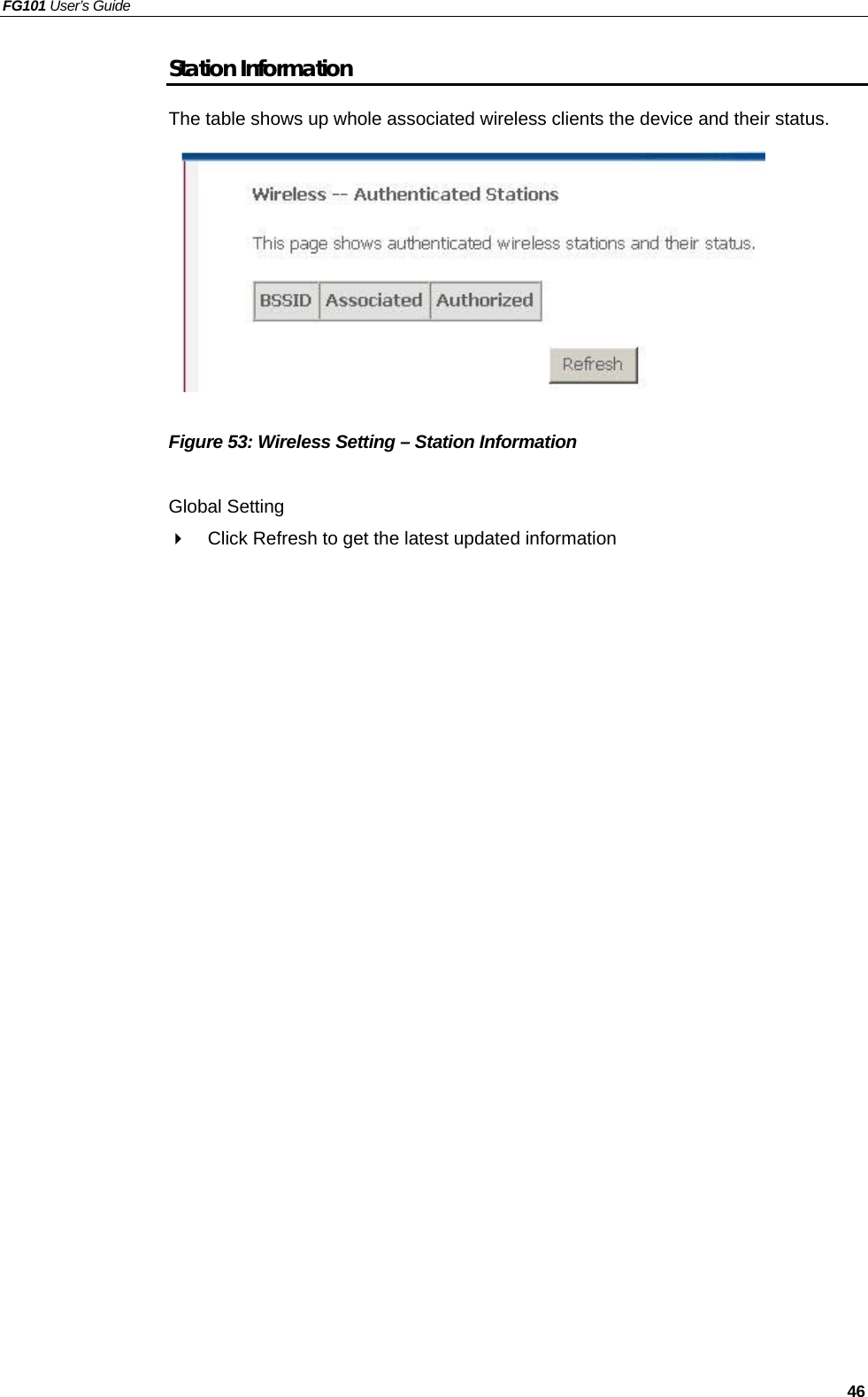 FG101 User’s Guide   46 Station Information The table shows up whole associated wireless clients the device and their status.            Figure 53: Wireless Setting – Station Information  Global Setting   Click Refresh to get the latest updated information   