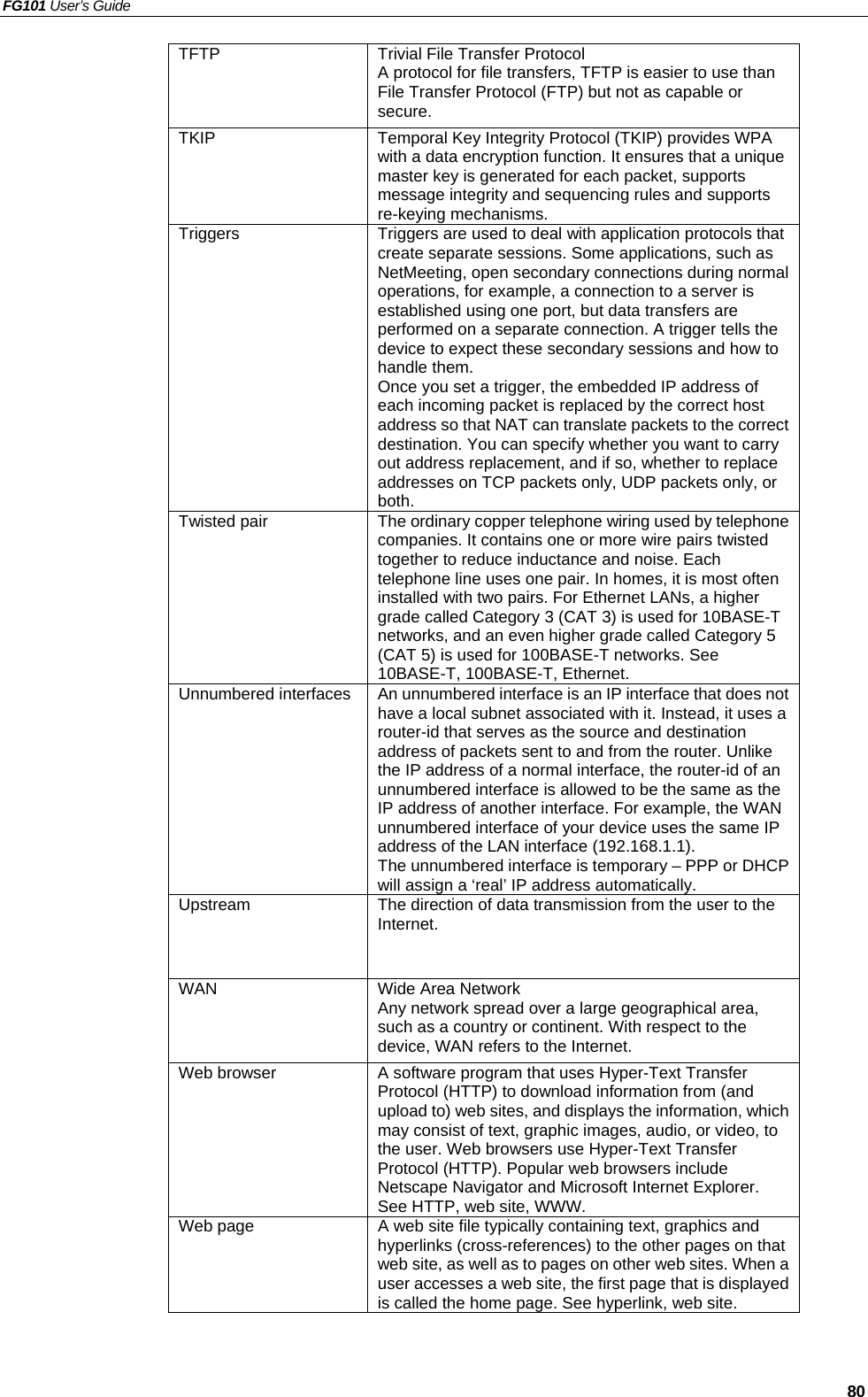 FG101 User’s Guide   80 TFTP  Trivial File Transfer Protocol A protocol for file transfers, TFTP is easier to use than File Transfer Protocol (FTP) but not as capable or secure. TKIP  Temporal Key Integrity Protocol (TKIP) provides WPA with a data encryption function. It ensures that a unique master key is generated for each packet, supports message integrity and sequencing rules and supports re-keying mechanisms. Triggers  Triggers are used to deal with application protocols that create separate sessions. Some applications, such as NetMeeting, open secondary connections during normal operations, for example, a connection to a server is established using one port, but data transfers are performed on a separate connection. A trigger tells the device to expect these secondary sessions and how to handle them. Once you set a trigger, the embedded IP address of each incoming packet is replaced by the correct host address so that NAT can translate packets to the correct destination. You can specify whether you want to carry out address replacement, and if so, whether to replace addresses on TCP packets only, UDP packets only, or both. Twisted pair  The ordinary copper telephone wiring used by telephone companies. It contains one or more wire pairs twisted together to reduce inductance and noise. Each telephone line uses one pair. In homes, it is most often installed with two pairs. For Ethernet LANs, a higher grade called Category 3 (CAT 3) is used for 10BASE-T networks, and an even higher grade called Category 5 (CAT 5) is used for 100BASE-T networks. See 10BASE-T, 100BASE-T, Ethernet. Unnumbered interfaces  An unnumbered interface is an IP interface that does not have a local subnet associated with it. Instead, it uses a router-id that serves as the source and destination address of packets sent to and from the router. Unlike the IP address of a normal interface, the router-id of an unnumbered interface is allowed to be the same as the IP address of another interface. For example, the WAN unnumbered interface of your device uses the same IP address of the LAN interface (192.168.1.1). The unnumbered interface is temporary – PPP or DHCP will assign a ‘real’ IP address automatically. Upstream  The direction of data transmission from the user to the Internet. WAN  Wide Area Network Any network spread over a large geographical area, such as a country or continent. With respect to the device, WAN refers to the Internet. Web browser  A software program that uses Hyper-Text Transfer Protocol (HTTP) to download information from (and upload to) web sites, and displays the information, which may consist of text, graphic images, audio, or video, to the user. Web browsers use Hyper-Text Transfer Protocol (HTTP). Popular web browsers include Netscape Navigator and Microsoft Internet Explorer. See HTTP, web site, WWW. Web page  A web site file typically containing text, graphics and hyperlinks (cross-references) to the other pages on that web site, as well as to pages on other web sites. When a user accesses a web site, the first page that is displayed is called the home page. See hyperlink, web site. 