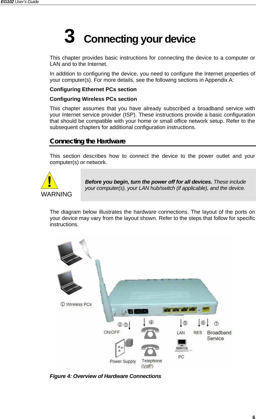 EG102 User’s Guide   6 3  Connecting your device   This chapter provides basic instructions for connecting the device to a computer or LAN and to the Internet. In addition to configuring the device, you need to configure the Internet properties of your computer(s). For more details, see the following sections in Appendix A: Configuring Ethernet PCs section Configuring Wireless PCs section This chapter assumes that you have already subscribed a broadband service with your Internet service provider (ISP). These instructions provide a basic configuration that should be compatible with your home or small office network setup. Refer to the subsequent chapters for additional configuration instructions. Connecting the Hardware This section describes how to connect the device to the power outlet and your computer(s) or network.  WARNING Before you begin, turn the power off for all devices. These include your computer(s), your LAN hub/switch (if applicable), and the device.  The diagram below illustrates the hardware connections. The layout of the ports on your device may vary from the layout shown. Refer to the steps that follow for specific instructions.                 Figure 4: Overview of Hardware Connections 