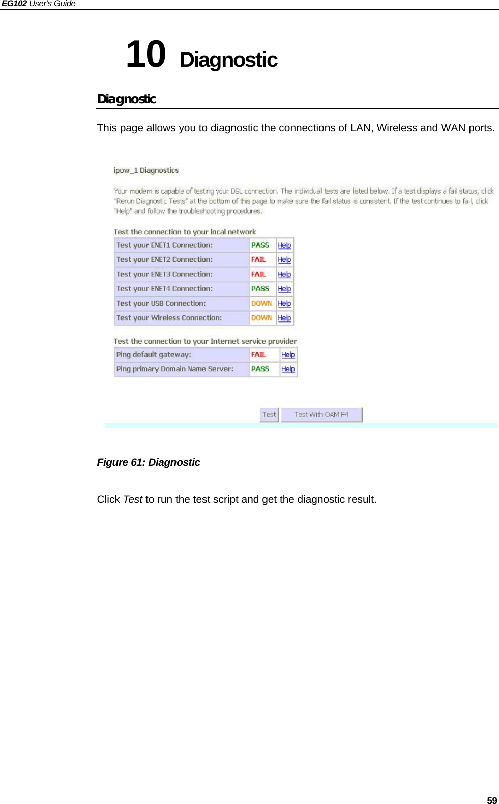 EG102 User’s Guide   59 10 Diagnostic Diagnostic This page allows you to diagnostic the connections of LAN, Wireless and WAN ports.                   Figure 61: Diagnostic  Click Test to run the test script and get the diagnostic result. 