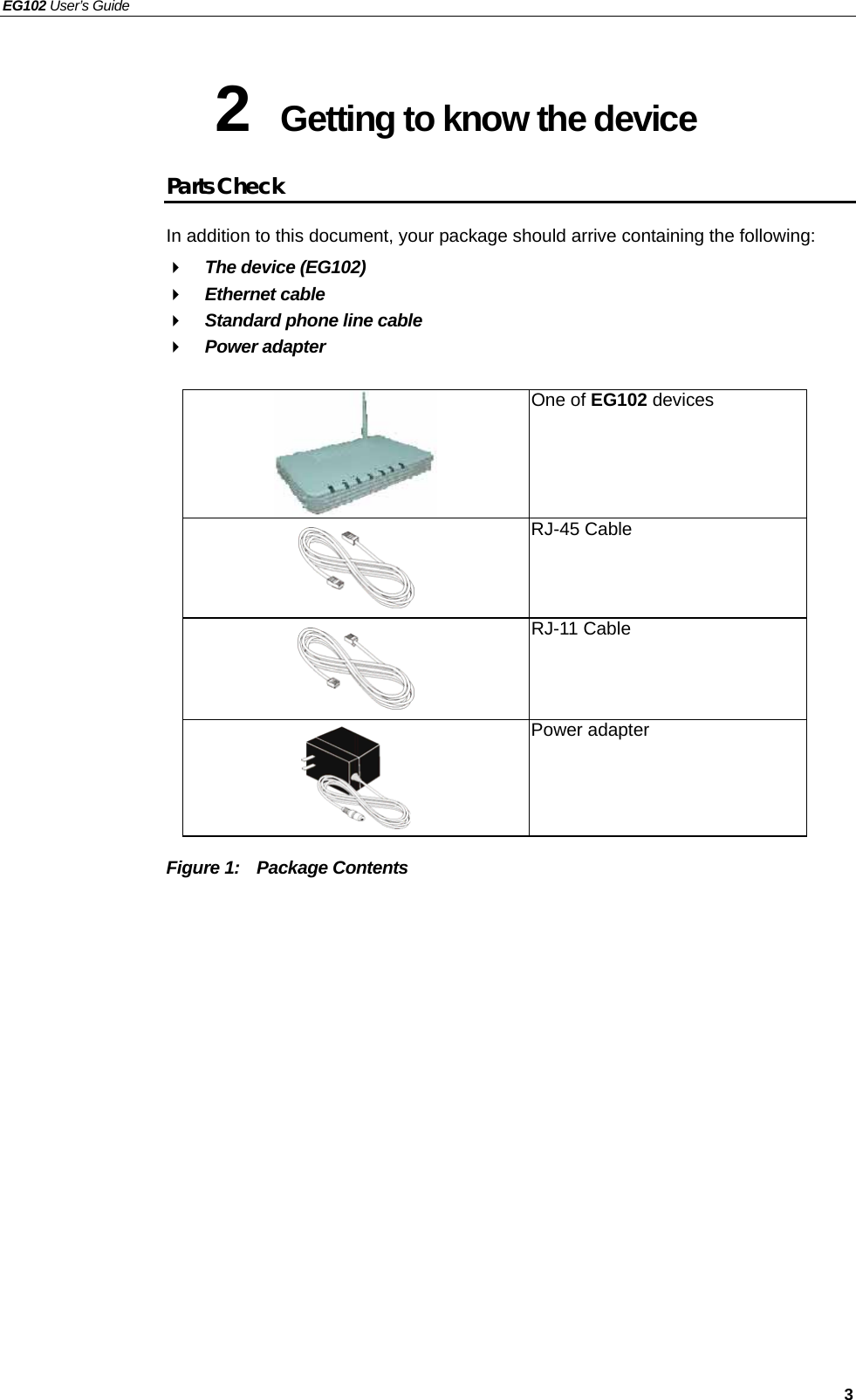 EG102 User’s Guide   3 2  Getting to know the device Parts Check In addition to this document, your package should arrive containing the following:  The device (EG102)  Ethernet cable  Standard phone line cable  Power adapter    Figure 1:    Package Contents  One of EG102 devices    RJ-45 Cable  RJ-11 Cable  Power adapter 