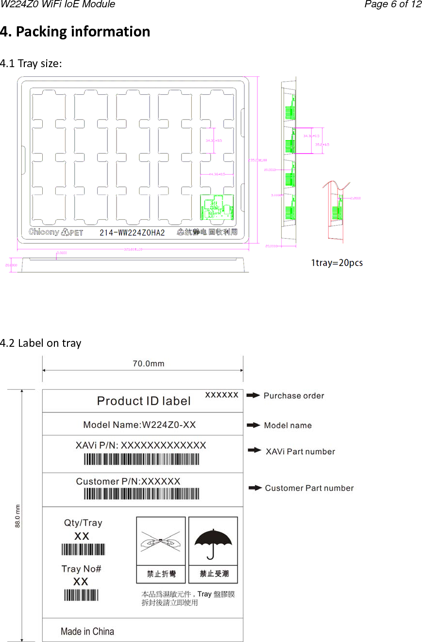 W224Z0 WiFi IoE Module                                     Page 6 of 12 4.Packinginformation4.1Traysize:4.2Labelontray