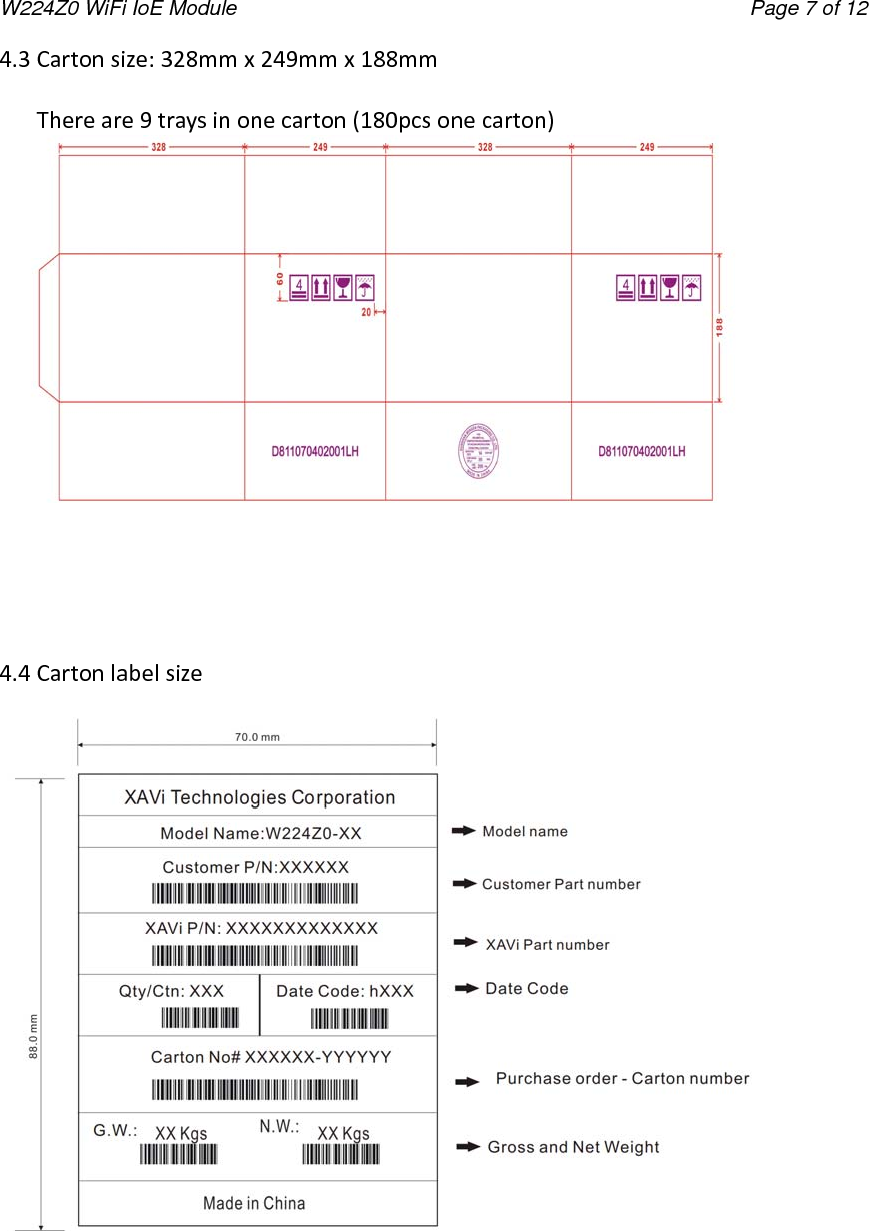 W224Z0 WiFi IoE Module                                     Page 7 of 12 4.3Cartonsize:328mmx249mmx188mmThereare9traysinonecarton(180pcsonecarton)4.4Cartonlabelsize