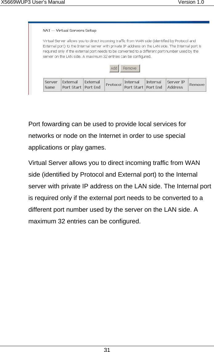 X5669WUP3 User’s Manual                                            Version 1.0 31     Port fowarding can be used to provide local services for networks or node on the Internet in order to use special applications or play games.     Virtual Server allows you to direct incoming traffic from WAN side (identified by Protocol and External port) to the Internal server with private IP address on the LAN side. The Internal port is required only if the external port needs to be converted to a different port number used by the server on the LAN side. A maximum 32 entries can be configured.     