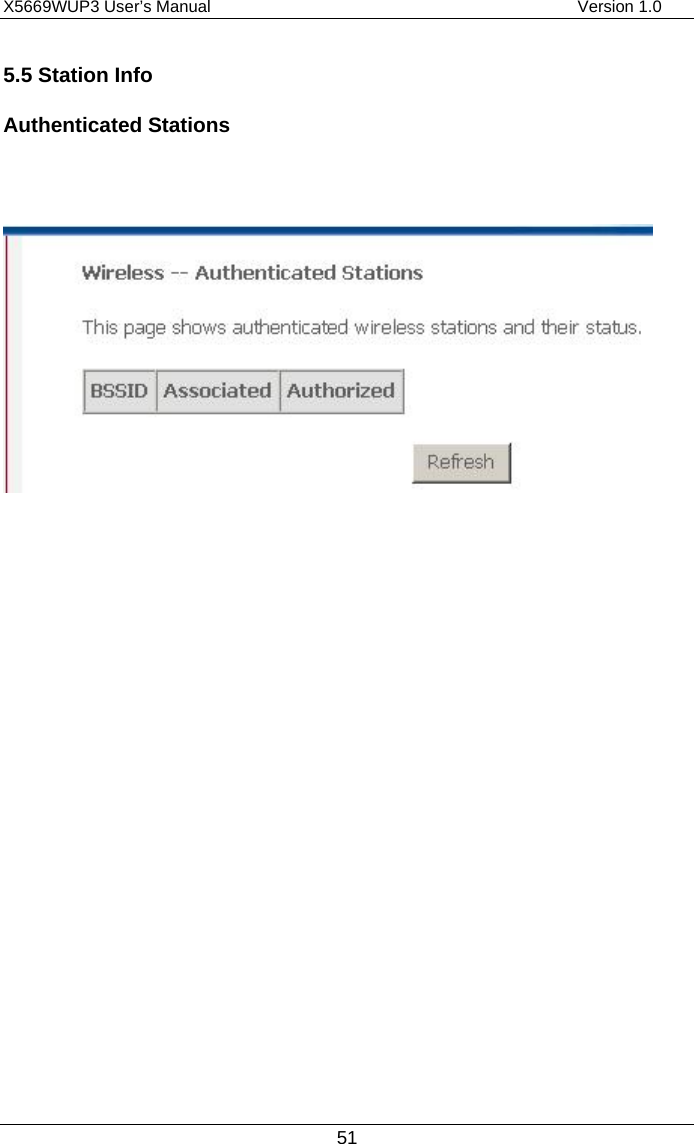X5669WUP3 User’s Manual                                            Version 1.0 51 5.5 Station Info Authenticated Stations          