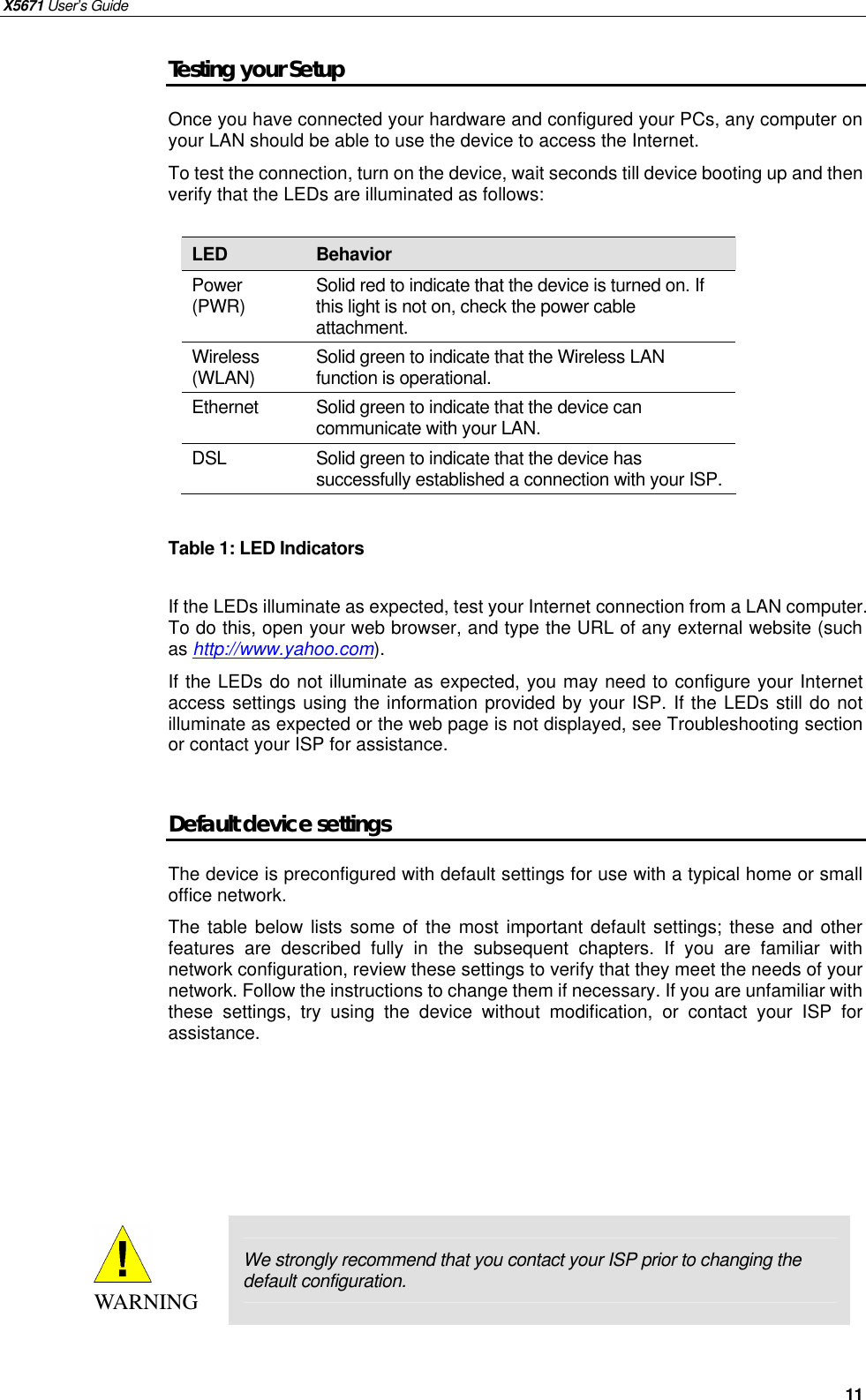 X5671 User’s Guide   11 Testing your Setup Once you have connected your hardware and configured your PCs, any computer on your LAN should be able to use the device to access the Internet. To test the connection, turn on the device, wait seconds till device booting up and then verify that the LEDs are illuminated as follows:  LED  Behavior Power (PWR)  Solid red to indicate that the device is turned on. If this light is not on, check the power cable attachment. Wireless (WLAN)  Solid green to indicate that the Wireless LAN function is operational. Ethernet  Solid green to indicate that the device can communicate with your LAN. DSL  Solid green to indicate that the device has successfully established a connection with your ISP.  Table 1: LED Indicators  If the LEDs illuminate as expected, test your Internet connection from a LAN computer. To do this, open your web browser, and type the URL of any external website (such as http://www.yahoo.com).   If the LEDs do not illuminate as expected, you may need to configure your Internet access settings using the information provided by your ISP. If the LEDs still do not illuminate as expected or the web page is not displayed, see Troubleshooting section or contact your ISP for assistance.  Default device settings The device is preconfigured with default settings for use with a typical home or small office network. The table below lists some of the most important default settings; these and other features are described fully in the subsequent chapters. If you are familiar with network configuration, review these settings to verify that they meet the needs of your network. Follow the instructions to change them if necessary. If you are unfamiliar with these settings, try using the device without modification, or contact your ISP for assistance.       WARNING We strongly recommend that you contact your ISP prior to changing the default configuration.   