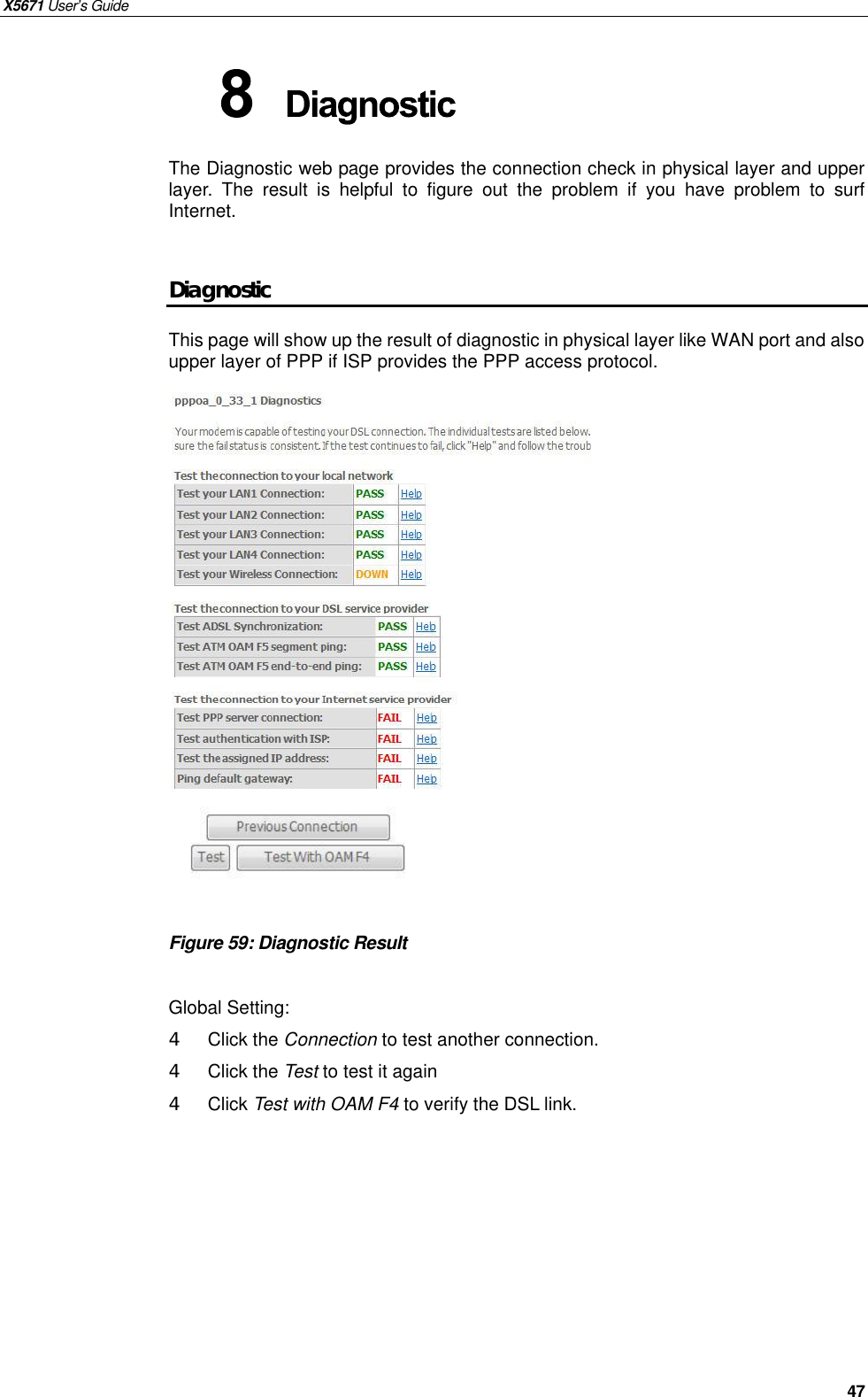 X5671 User’s Guide   47 The Diagnostic web page provides the connection check in physical layer and upper layer. The result is helpful to figure out the problem if you  have  problem to surf Internet.  Diagnostic This page will show up the result of diagnostic in physical layer like WAN port and also upper layer of PPP if ISP provides the PPP access protocol.                    Figure 59: Diagnostic Result    Global Setting: 4  Click the Connection to test another connection. 4  Click the Test to test it again 4  Click Test with OAM F4 to verify the DSL link.        