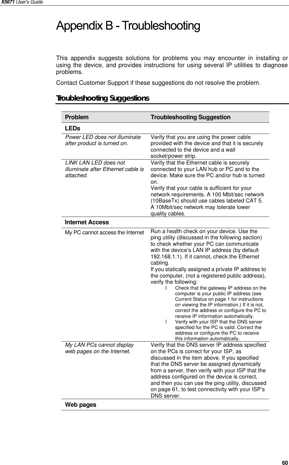 X5671 User’s Guide       60 This appendix suggests solutions for problems you may encounter in installing or using the device, and provides instructions for using several IP utilities to diagnose problems.   Contact Customer Support if these suggestions do not resolve the problem. Troubleshooting Suggestions Problem  Troubleshooting Suggestion LEDs Power LED does not illuminate after product is turned on.  Verify that you are using the power cable provided with the device and that it is securely connected to the device and a wall socket/power strip. LINK LAN LED does not illuminate after Ethernet cable is attached. Verify that the Ethernet cable is securely connected to your LAN hub or PC and to the device. Make sure the PC and/or hub is turned on. Verify that your cable is sufficient for your network requirements. A 100 Mbit/sec network (10BaseTx) should use cables labeled CAT 5. A 10Mbit/sec network may tolerate lower quality cables. Internet Access My PC cannot access the Internet Run a health check on your device. Use the ping utility (discussed in the following section) to check whether your PC can communicate with the device’s LAN IP address (by default 192.168.1.1). If it cannot, check the Ethernet cabling.   If you statically assigned a private IP address to the computer, (not a registered public address), verify the following: l  Check that the gateway IP address on the computer is your public IP address (see Current Status on page 1 for instructions on viewing the IP information.) If it is not, correct the address or configure the PC to receive IP information automatically. l  Verify with your ISP that the DNS server specified for the PC is valid. Correct the address or configure the PC to receive this information automatically. My LAN PCs cannot display web pages on the Internet.  Verify that the DNS server IP address specified on the PCs is correct for your ISP, as discussed in the item above. If you specified that the DNS server be assigned dynamically from a server, then verify with your ISP that the address configured on the device is correct, and then you can use the ping utility, discussed on page 61, to test connectivity with your ISP’s DNS server. Web pages 